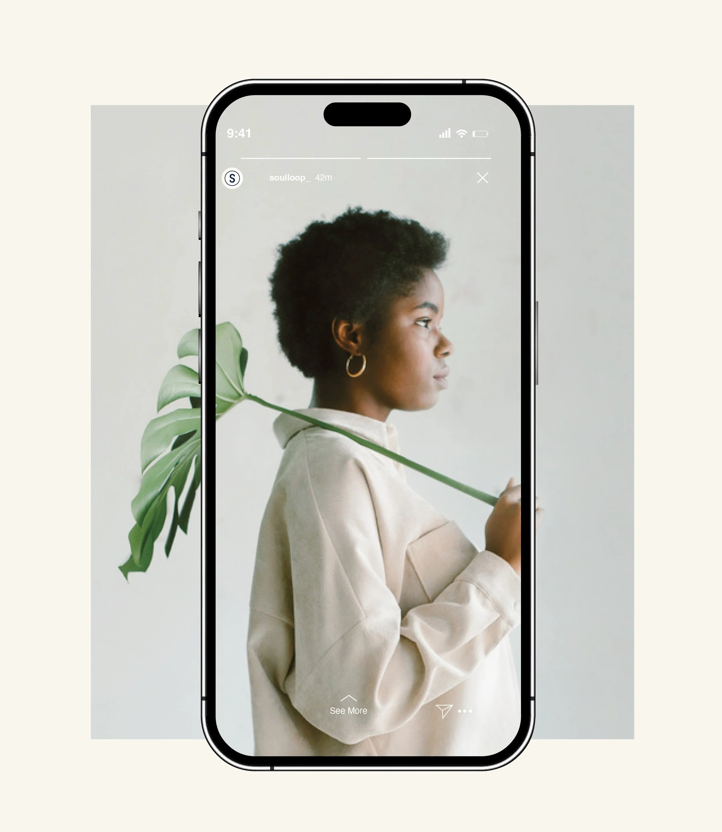 Original Soulloop social story displayed on a phone, featuring a woman in a quiet natural setting