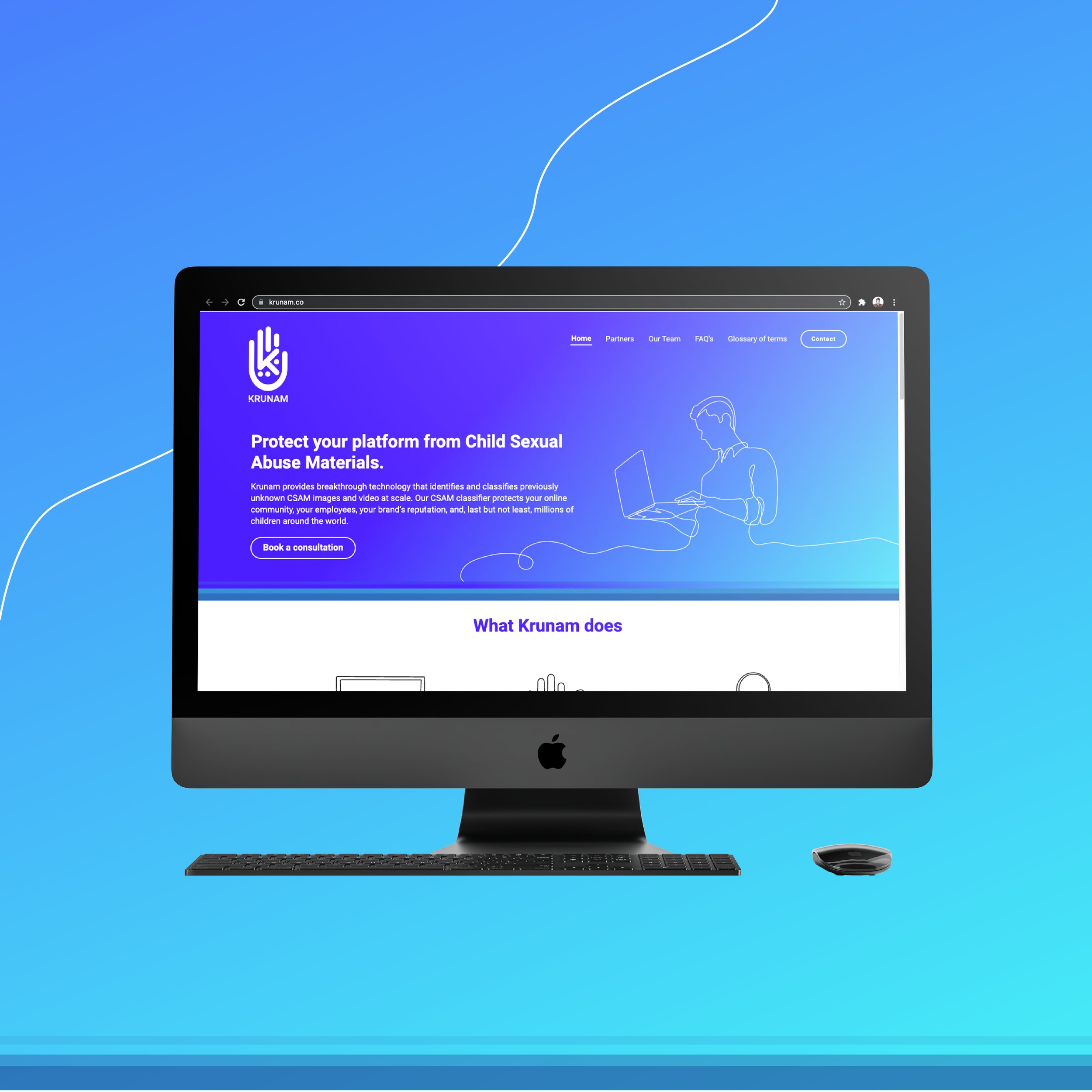 Original Phable desktop website design for Krunam, using fine-line human illustration