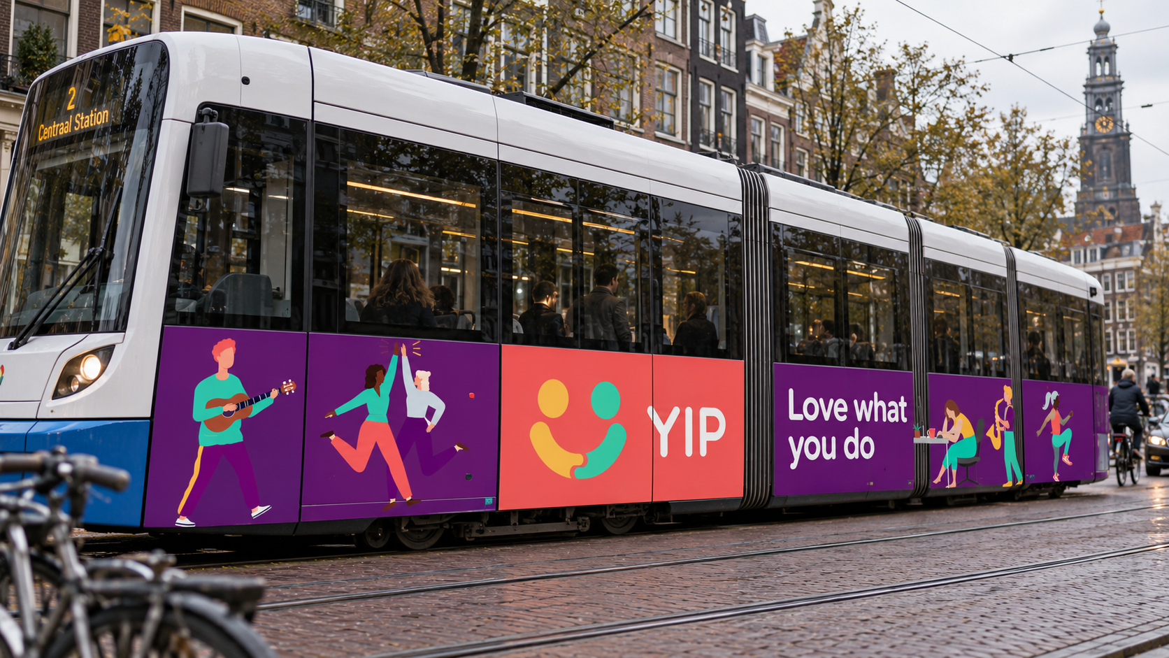 YIP character illustrations and Love what you do campaign on an Amsterdam tram