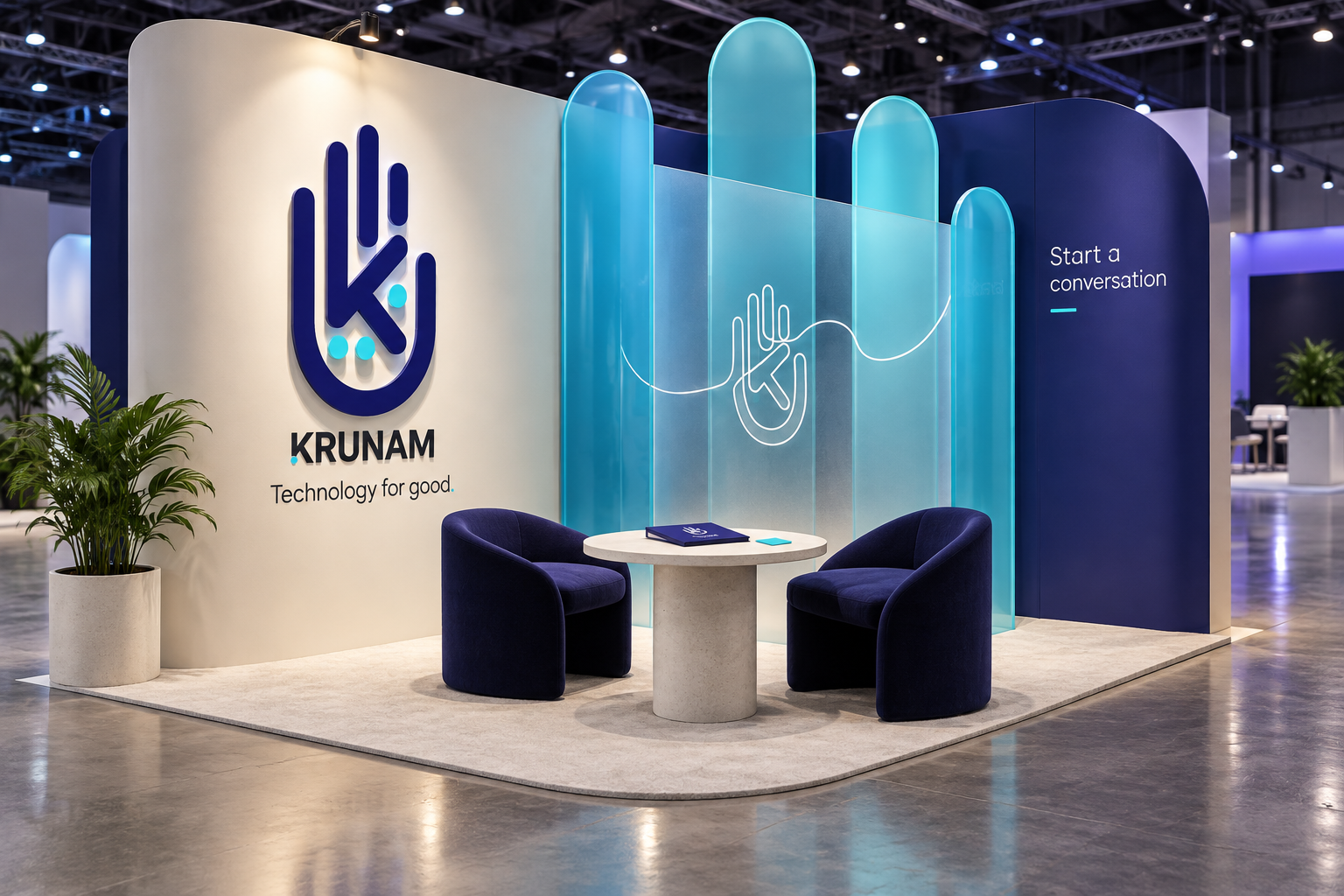 Compact Krunam meeting alcove with translucent cyan fins, original identity and two navy chairs