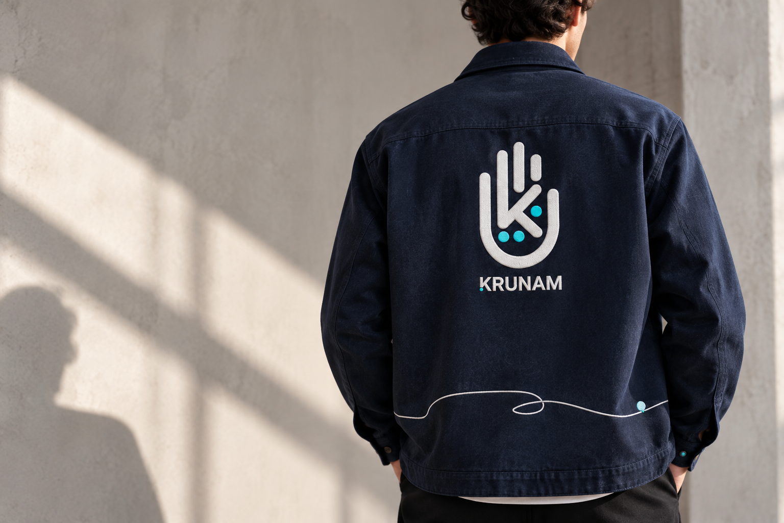 Back of a navy overshirt with an embroidered white Krunam hand mark and cyan points
