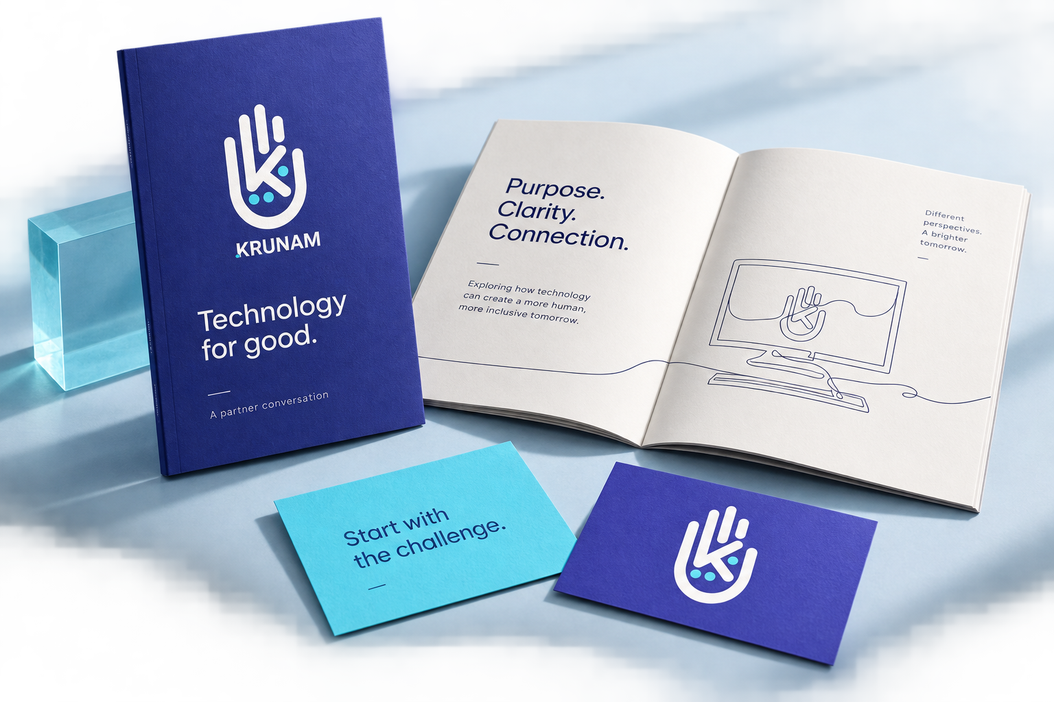 Indigo Krunam partner briefing, open editorial pages and cyan conversation cards