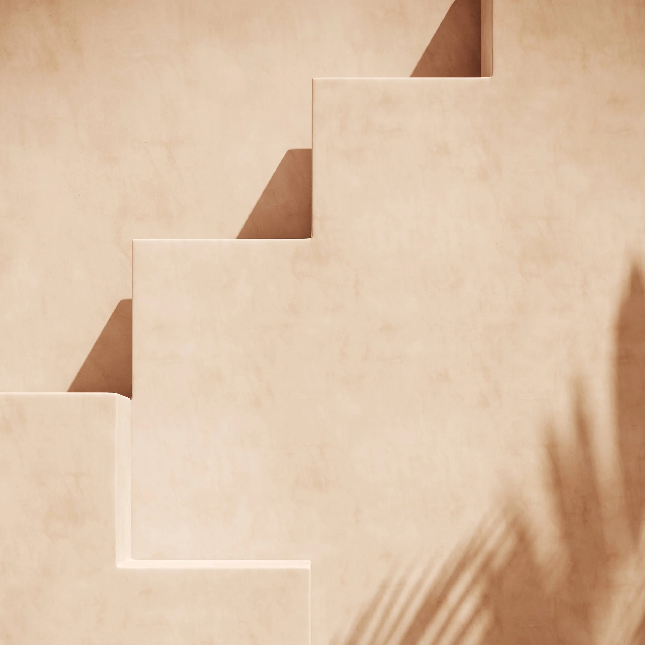 Original Soulloop art direction with warm sandstone steps and soft palm shadows