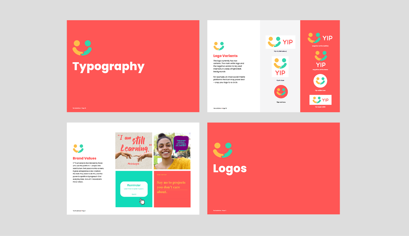 Original YIP guidelines showing typography, logo variants and brand values