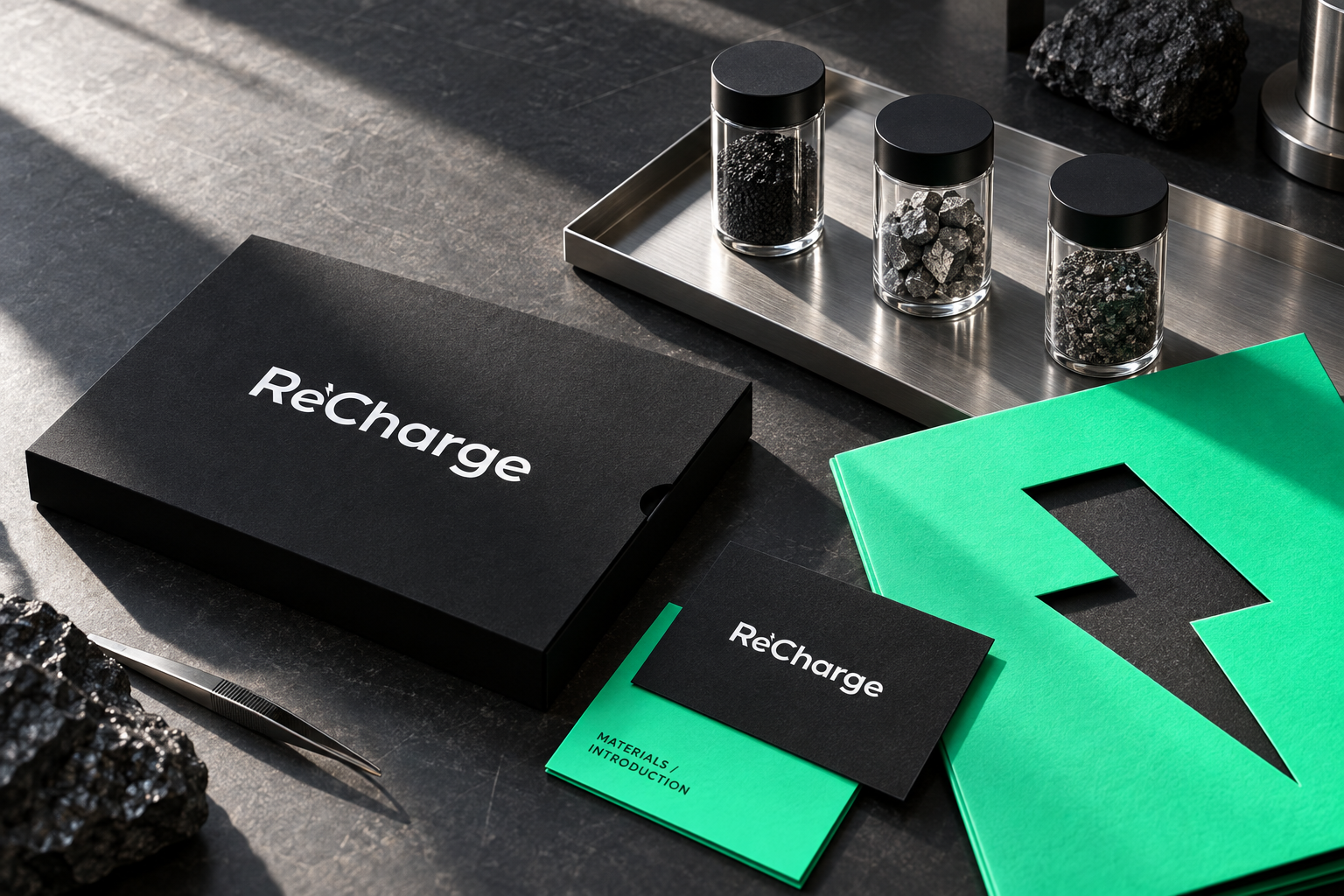 ReCharge materials presentation concept with a black branded sleeve, green lightning folder and sealed mineral display samples