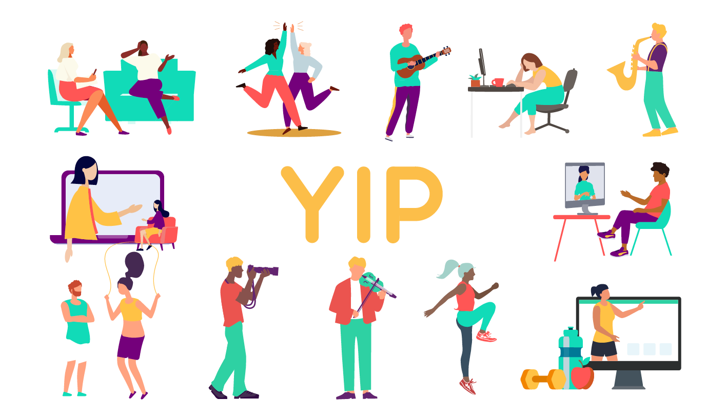 Phable’s original YIP characters learning, teaching, exercising and playing music
