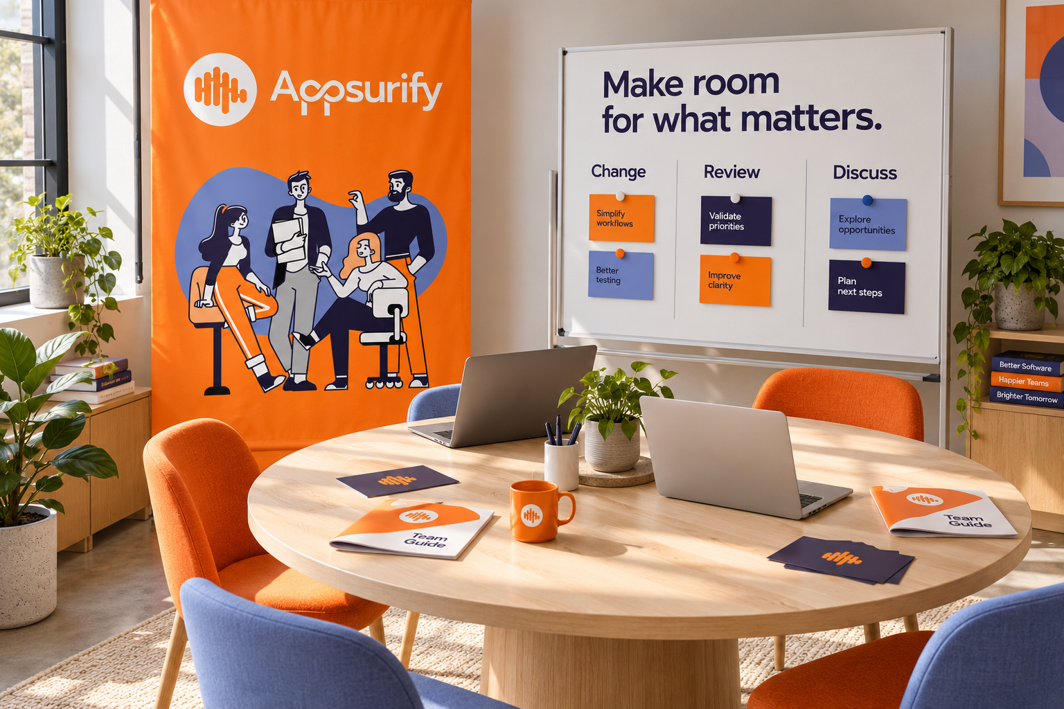 Appsurify developer workshop concept with a circular table, illustrated banner and change-review-discuss board