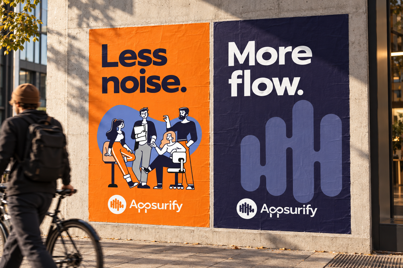 Appsurify orange and dark purple street posters with original people illustration and the messages Less noise and More flow