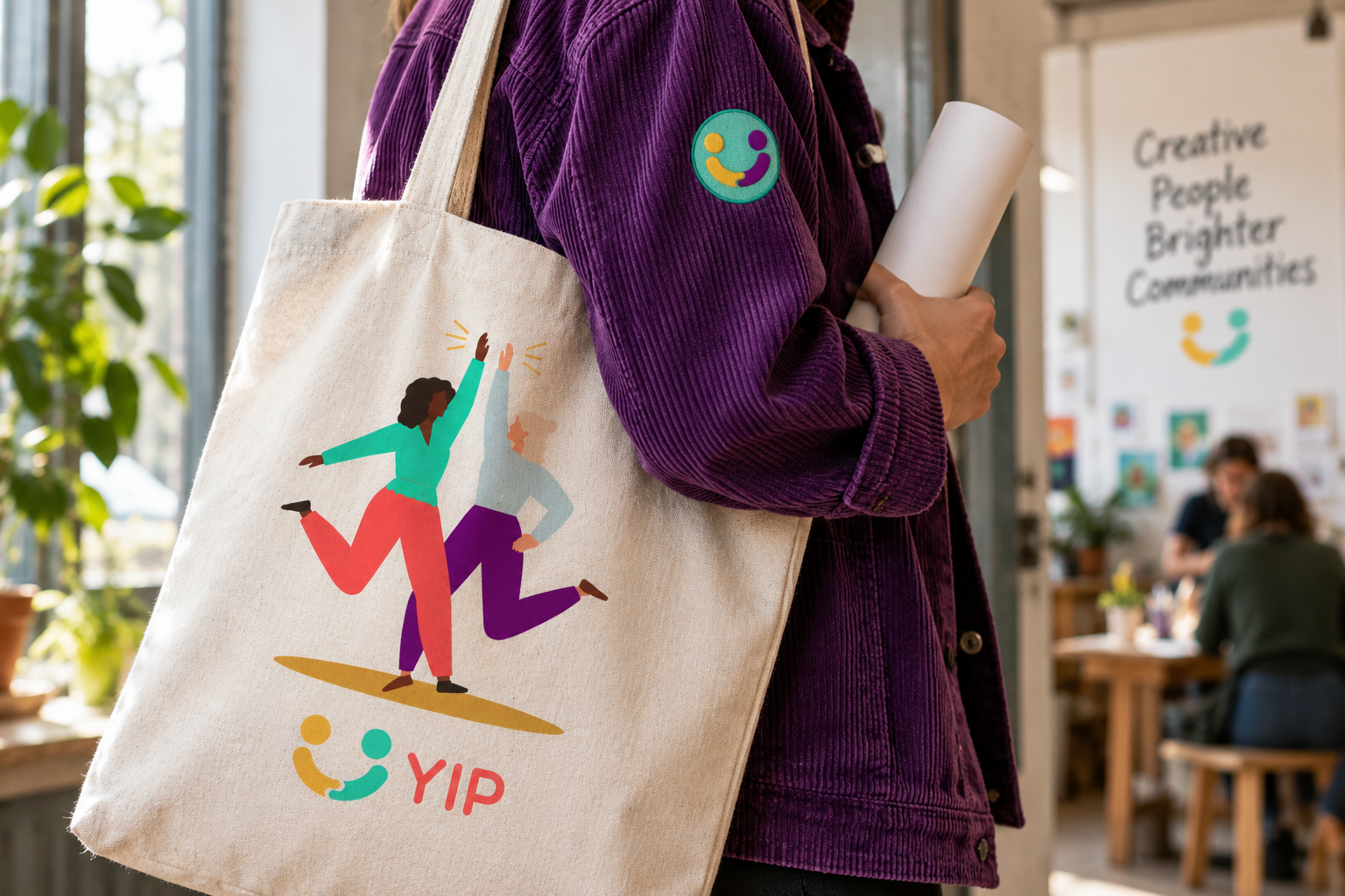 Canvas YIP workshop tote with original high-five illustration and embroidered smile badge on a purple jacket