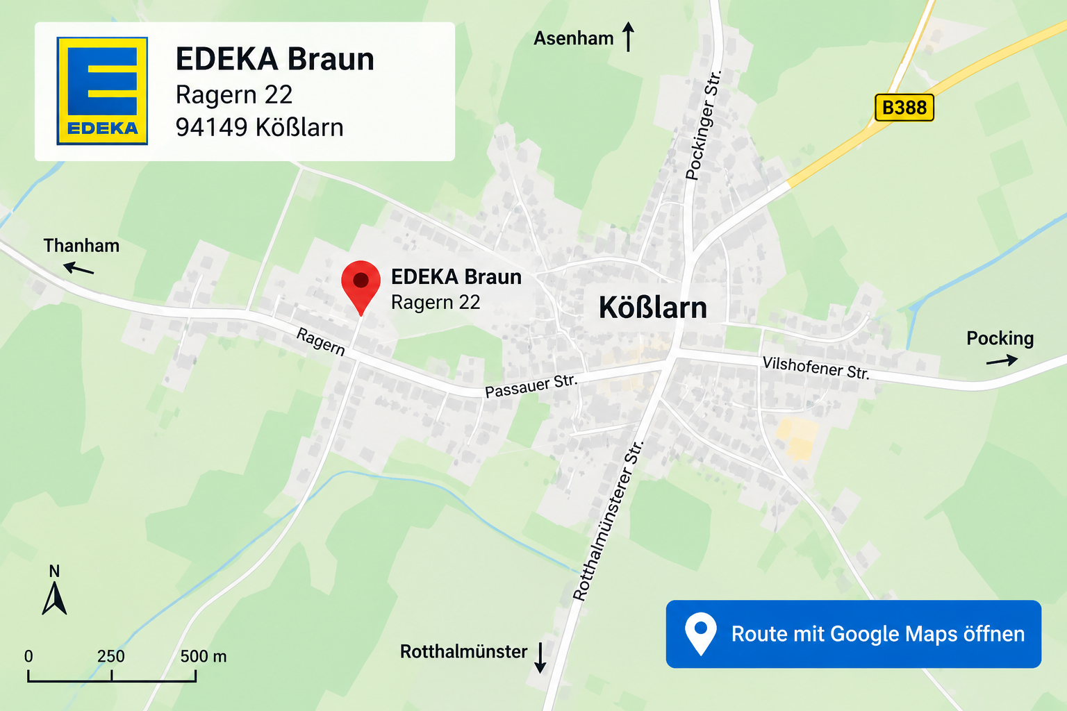 EDEKA Braun.Ragern 22, 94149 Kößlarn - Standortkarte
