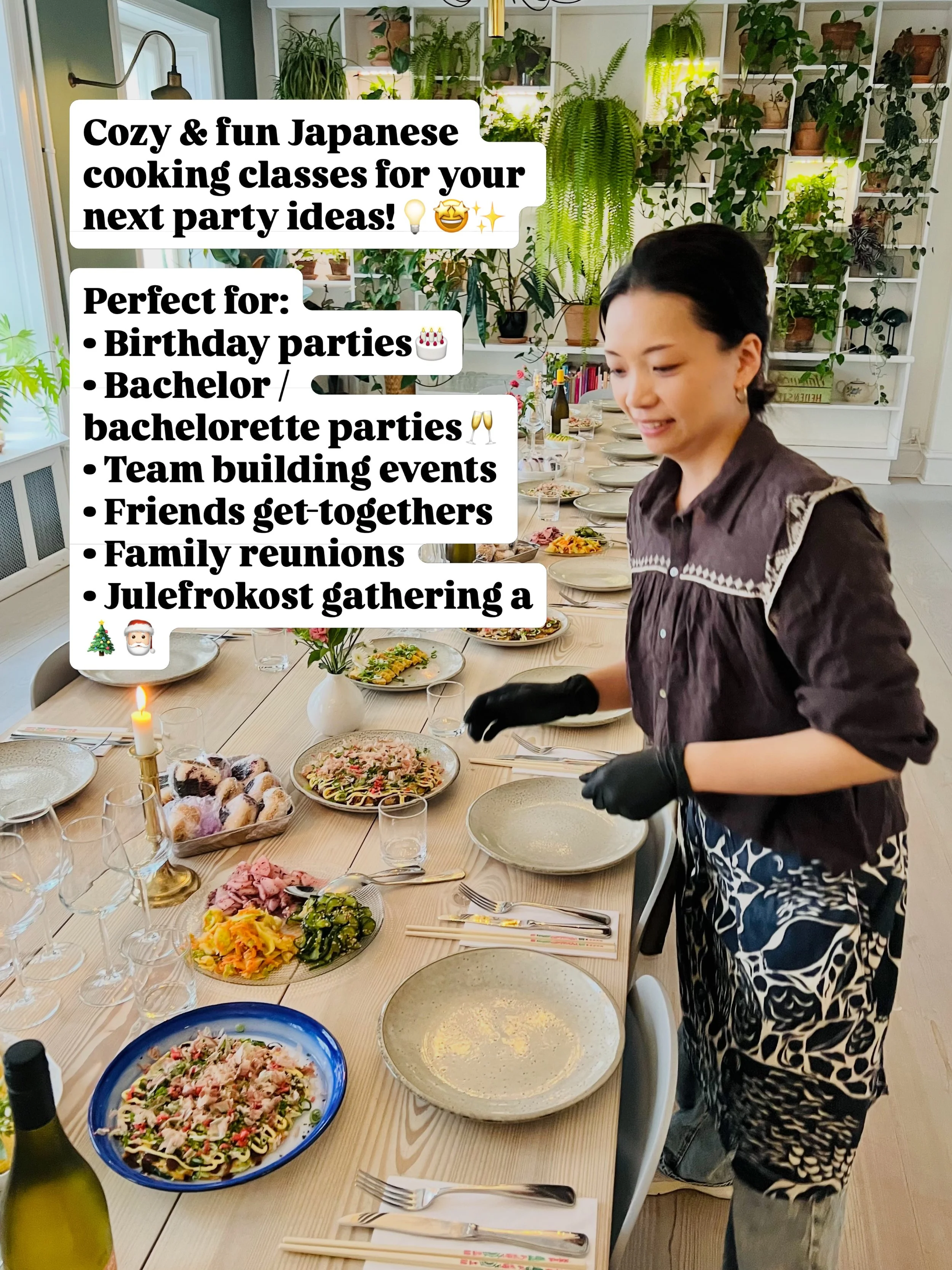 Looking for a unique party idea? 💡😎🥂✨
Enjoy an authentic Japanese cooking class together with homemade Japanese comfort food 🍱🇯🇵

Bring everyone together with a cozy &amp; fun cooking experience &mdash; perfect for private parties, team events,
