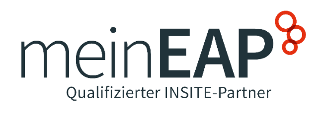Logo mit dem Text 'meinEAP', darunter 'Qualifizierter INSITE-Partner', mit zwei roten Kreisen an der oberen rechten Ecke.