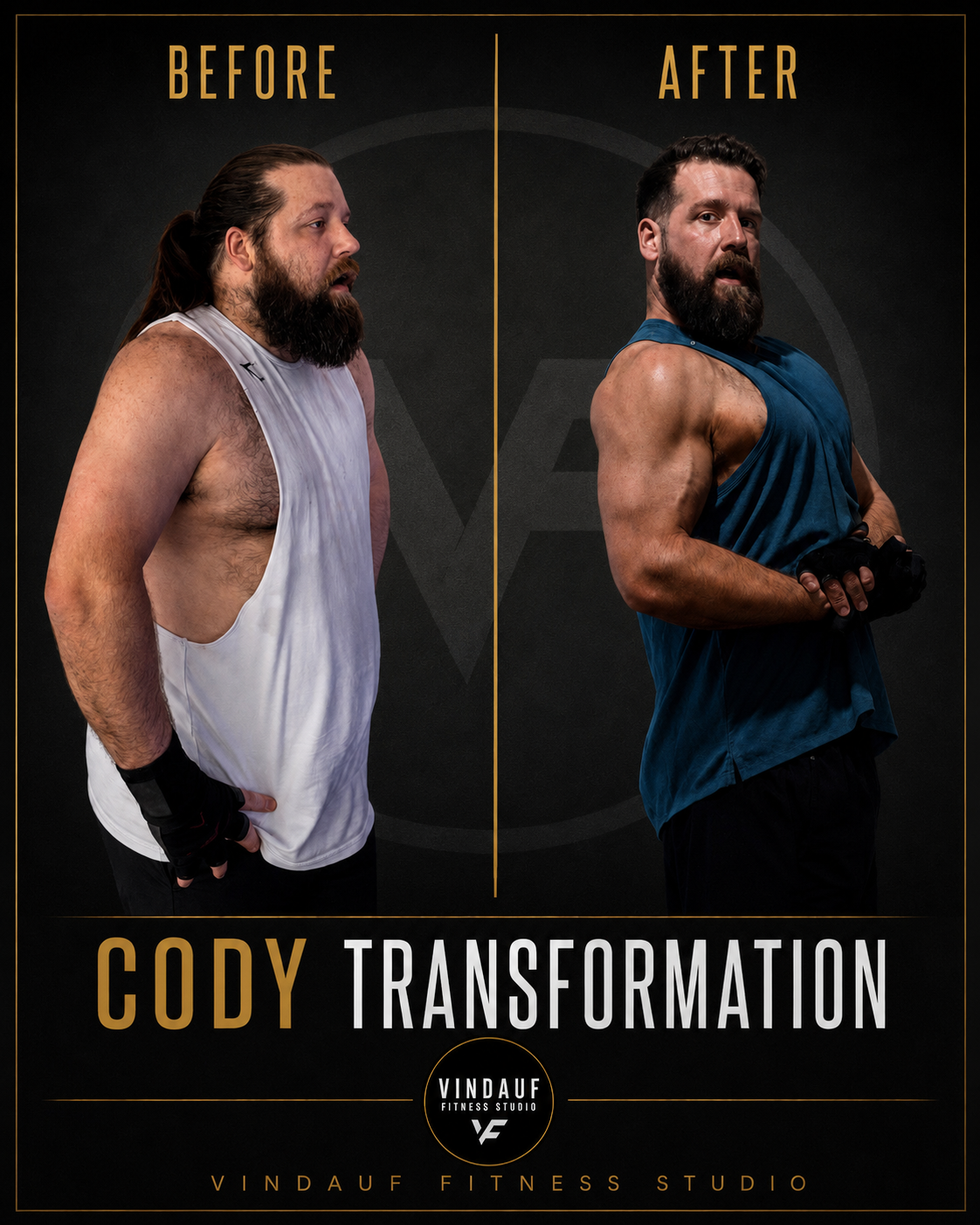 Side-by-side comparison of a man before and after fitness transformation, showing weight loss and muscle gain, with 'Before' and 'After' labels at the top.