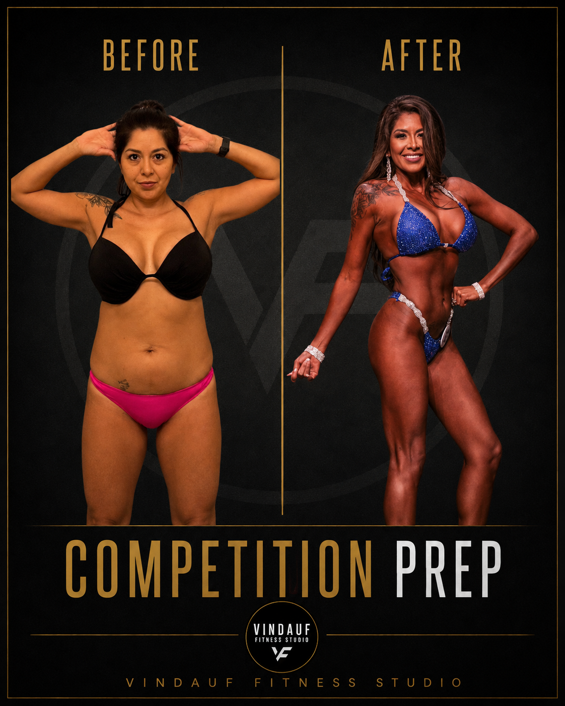 Side-by-side comparison showing woman's transformation before and after fitness competition prep, with the woman in a black and pink bikini on the left and in a blue competition bikini on the right.
