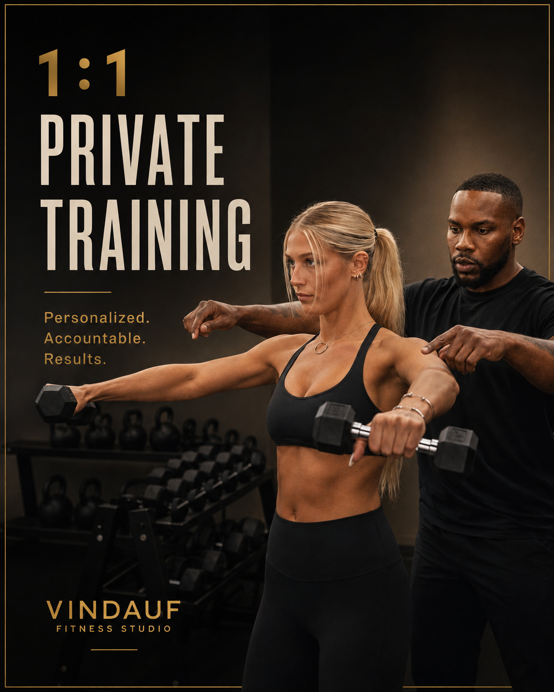 A woman in workout attire performing a shoulder exercise with dumbbells under the guidance of a trainer in a fitness studio. The image promotes private training sessions at VINDUF Fitness Studio, emphasizing personalized, accountable results.