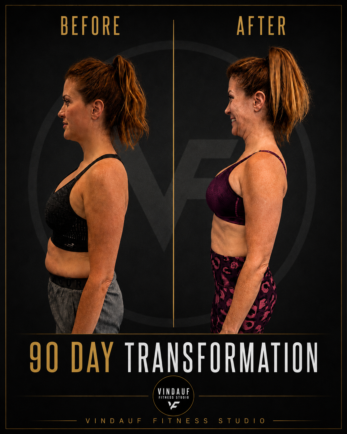 Side-by-side comparison photo of a woman before and after a 90-day fitness transformation. The woman has red hair tied in a ponytail and is wearing workout clothes. The 'before' picture shows her with a slightly protruding abdomen, while the 'after' picture shows her with a more toned and slimmer physique, smiling and looking confident.