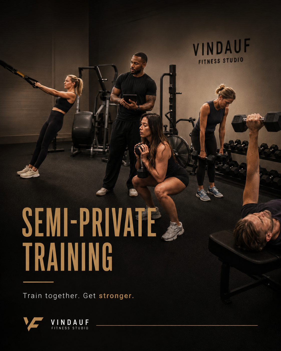 Group of people working out at Vindauf Fitness Studio, including a woman doing resistance band exercises, a woman squatting with kettlebell, a woman lifting dumbbells, and a person lying on a bench lifting a dumbbell. Trainer observing.