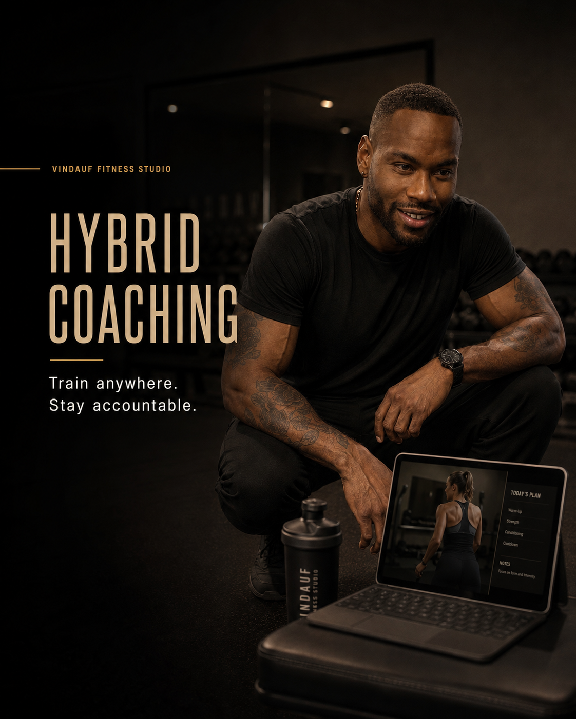 A man with tattoos in a gym setting, sitting next to a laptop showing a workout plan, with a water bottle nearby, promoting hybrid coaching services.
