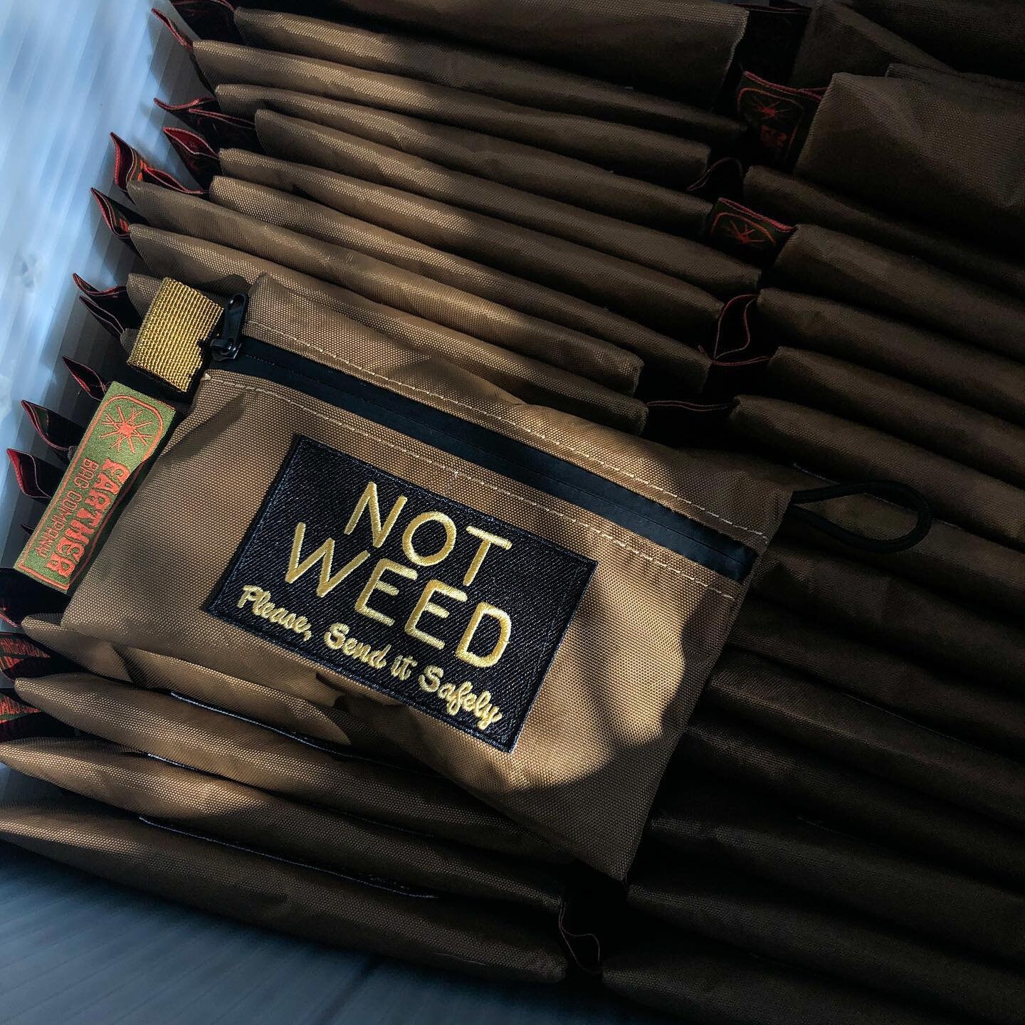 Big ole batch of road wallets in camelflage made special for @sendit_safely from 100% recycled fabric. Available soon through Mr. Safety himself.