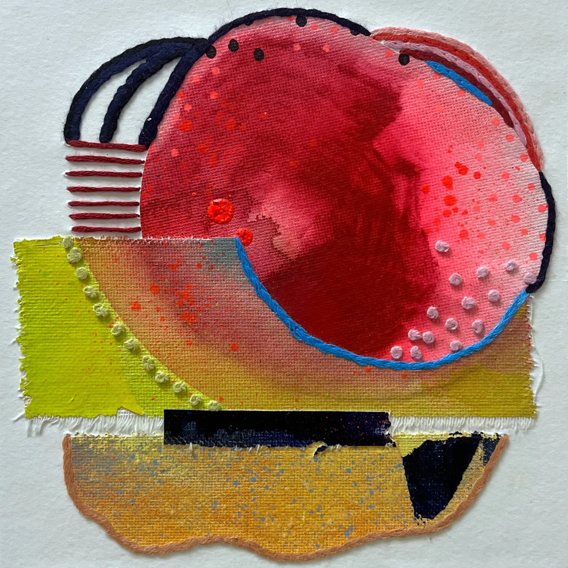 Chimerascape no. 28, 2025, mixed media collage and embroidery on paper mounted on wood panel, 6"x6"