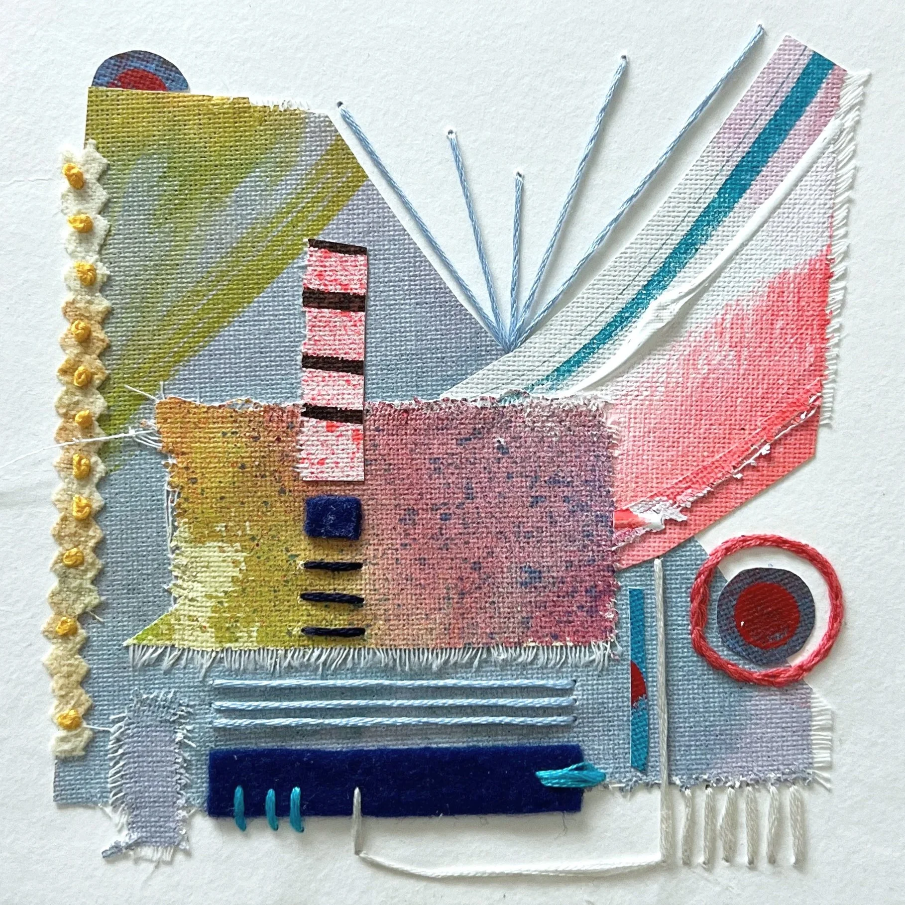 Chimerascape no. 1, 2025, mixed media collage and embroidery on paper mounted on wood panel, 6"x6"