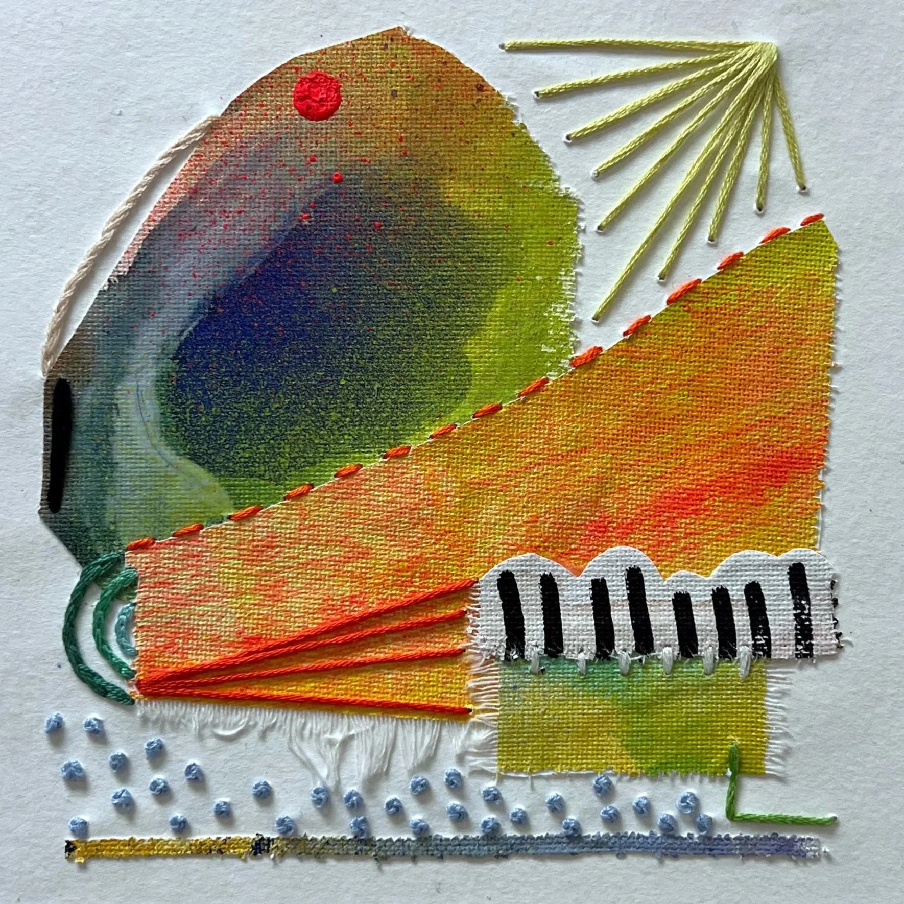 Chimerascape no. 3, 2025, mixed media collage and embroidery on paper mounted on wood panel, 6"x6"