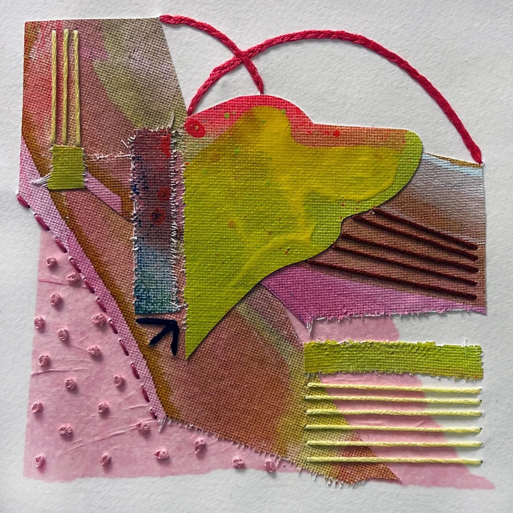 Chimerascape no. 5, 2025, mixed media collage and embroidery on paper mounted on wood panel, 6"x6"