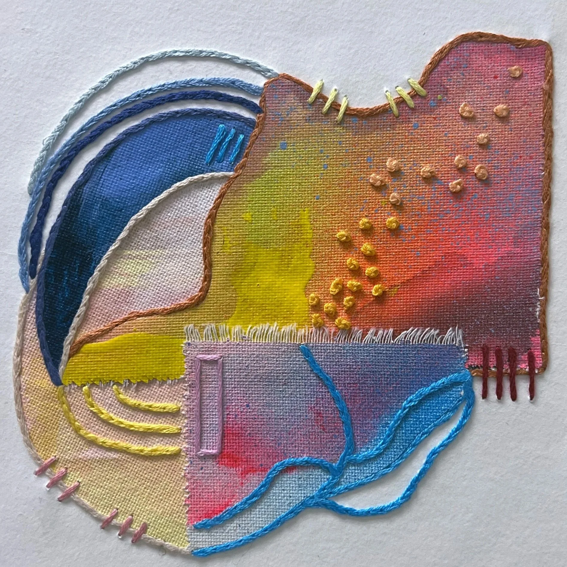 Chimerascape no. 7, 2025, mixed media collage and embroidery on paper mounted on wood panel, 6"x6"