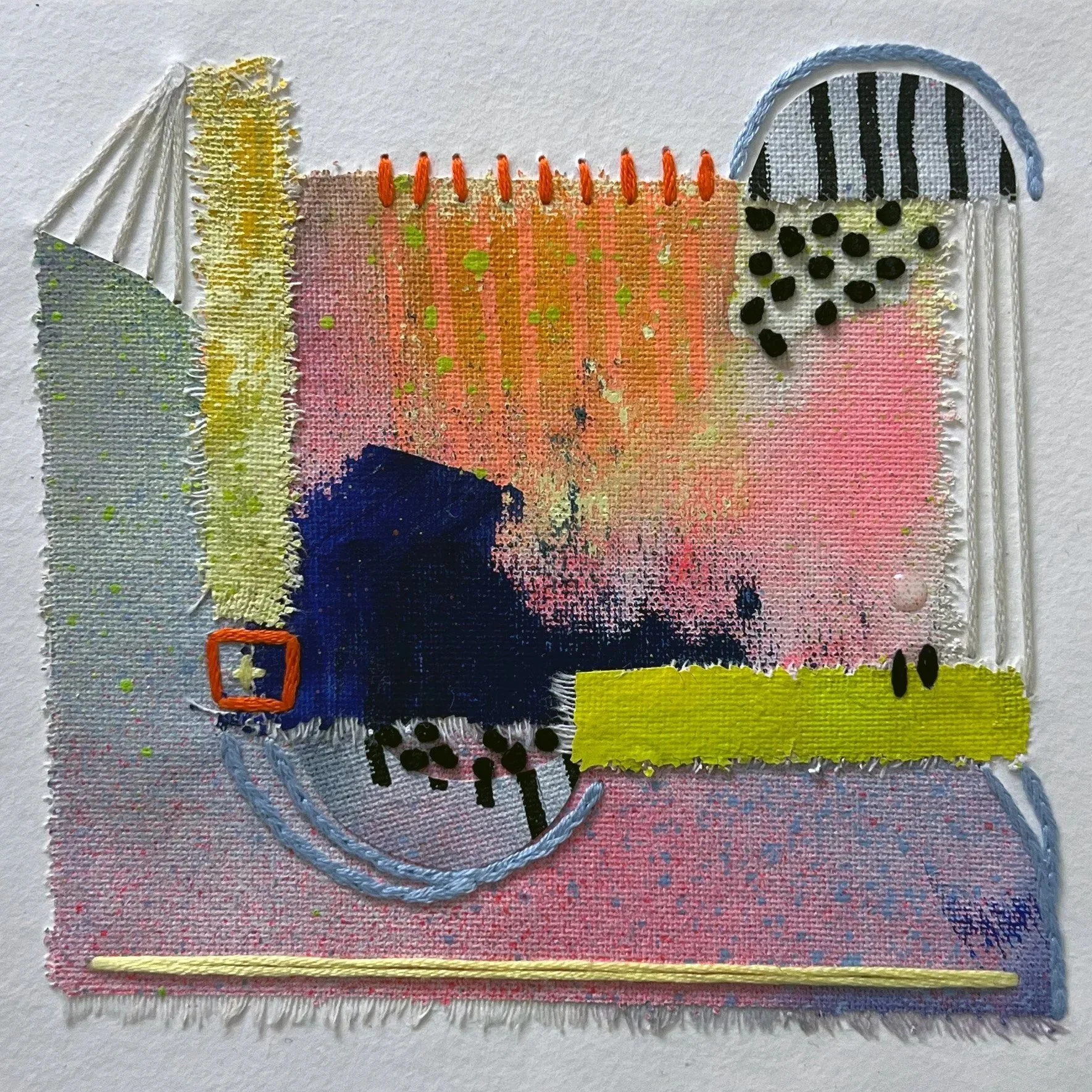 Chimerascape no. 6, 2025, mixed media collage and embroidery on paper mounted on wood panel, 6"x6"