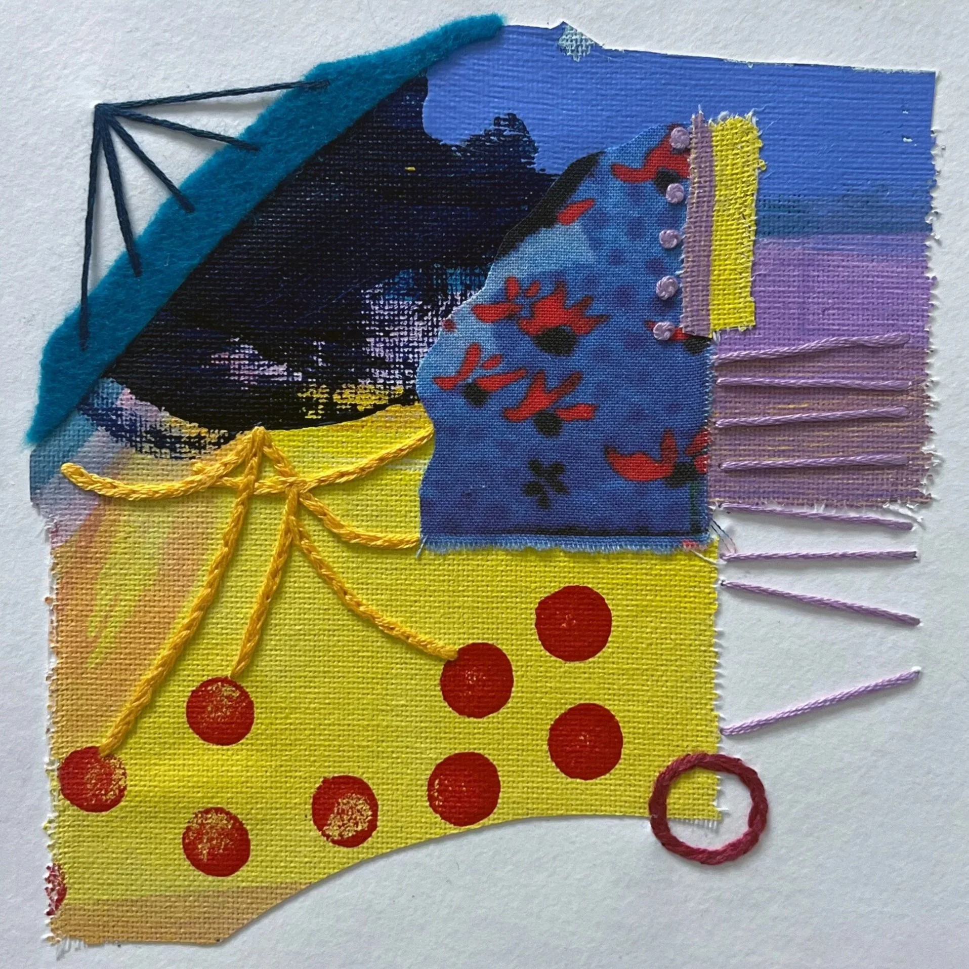 Chimerascape no. 8, 2025, mixed media collage and embroidery on paper mounted on wood panel, 6"x6"
