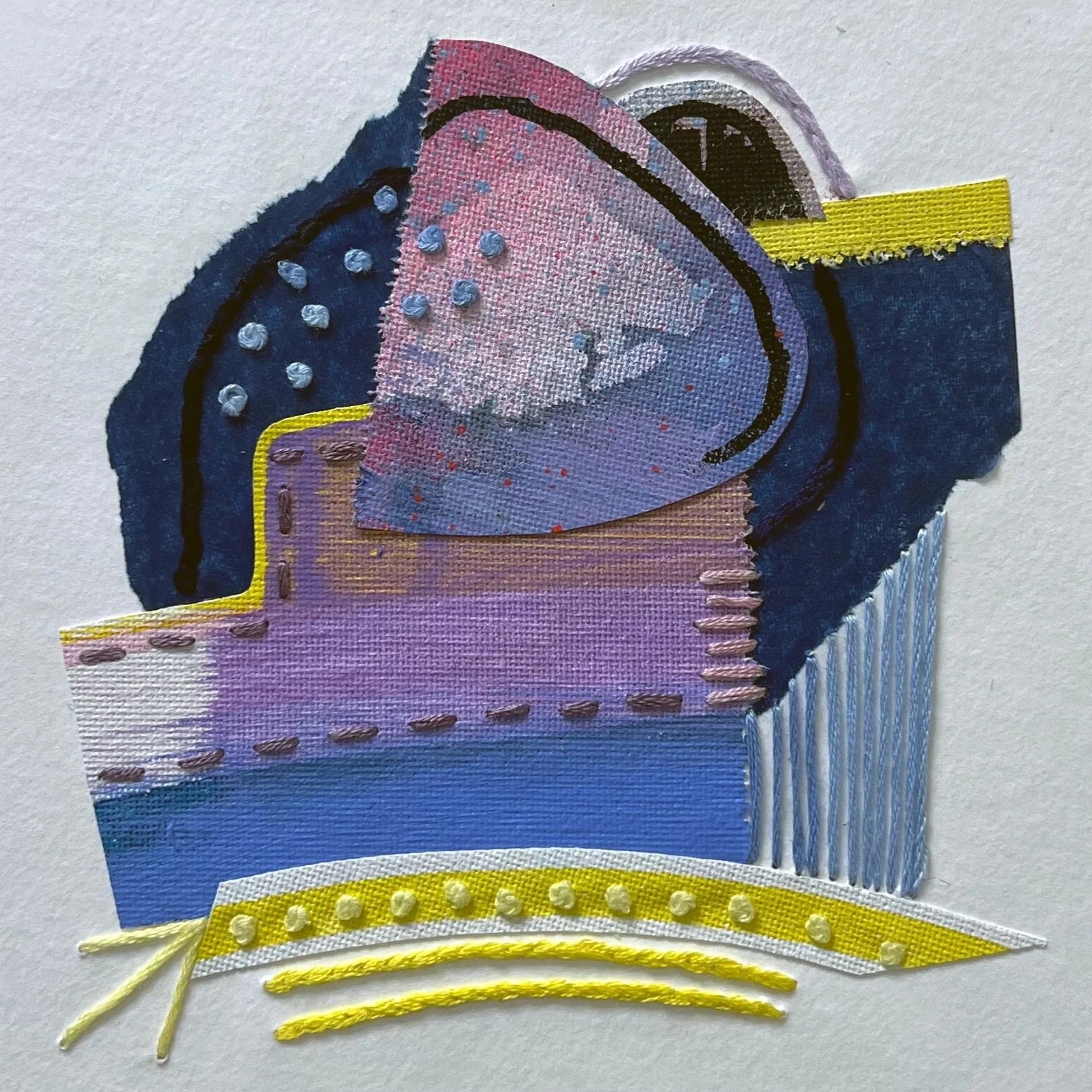 Chimerascape no. 9, 2025, mixed media collage and embroidery on paper mounted on wood panel, 6"x6"