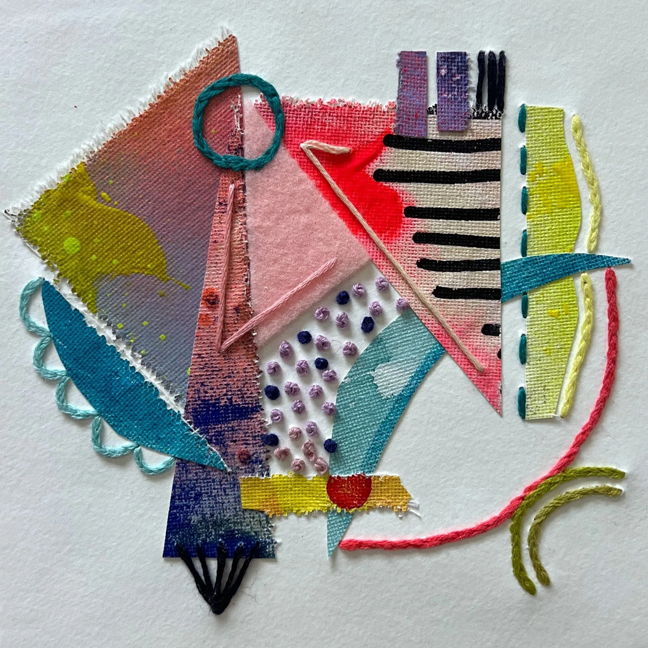 Chimerascape no. 14, 2025, mixed media collage and embroidery on paper mounted on wood panel, 6"x6"