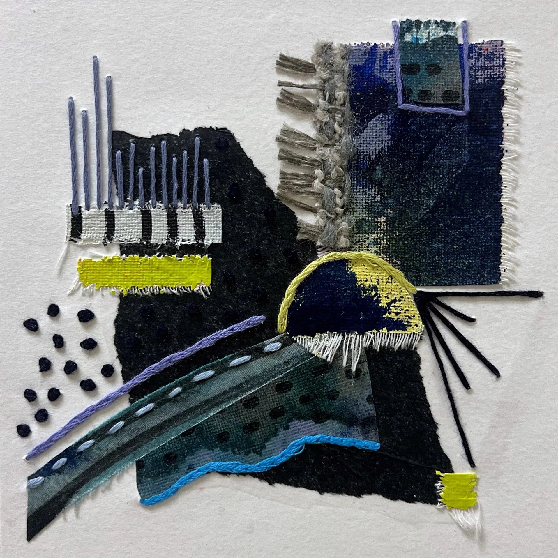 Chimerascape no. 29, 2025, mixed media collage and embroidery on paper mounted on wood panel, 6"x6"