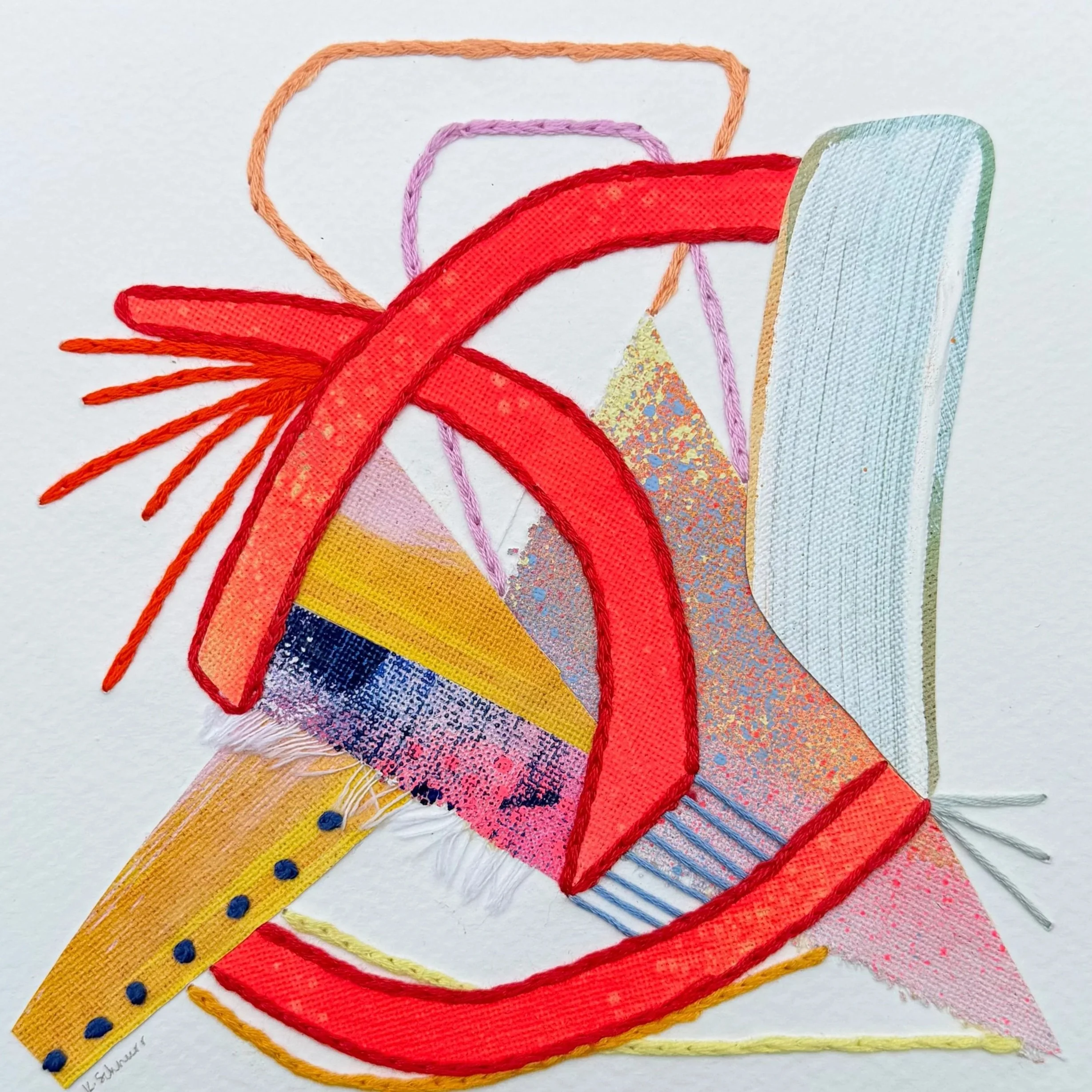 Chimerascape no. 31, 2025, mixed media collage and embroidery on paper mounted on wood panel, 6"x6"