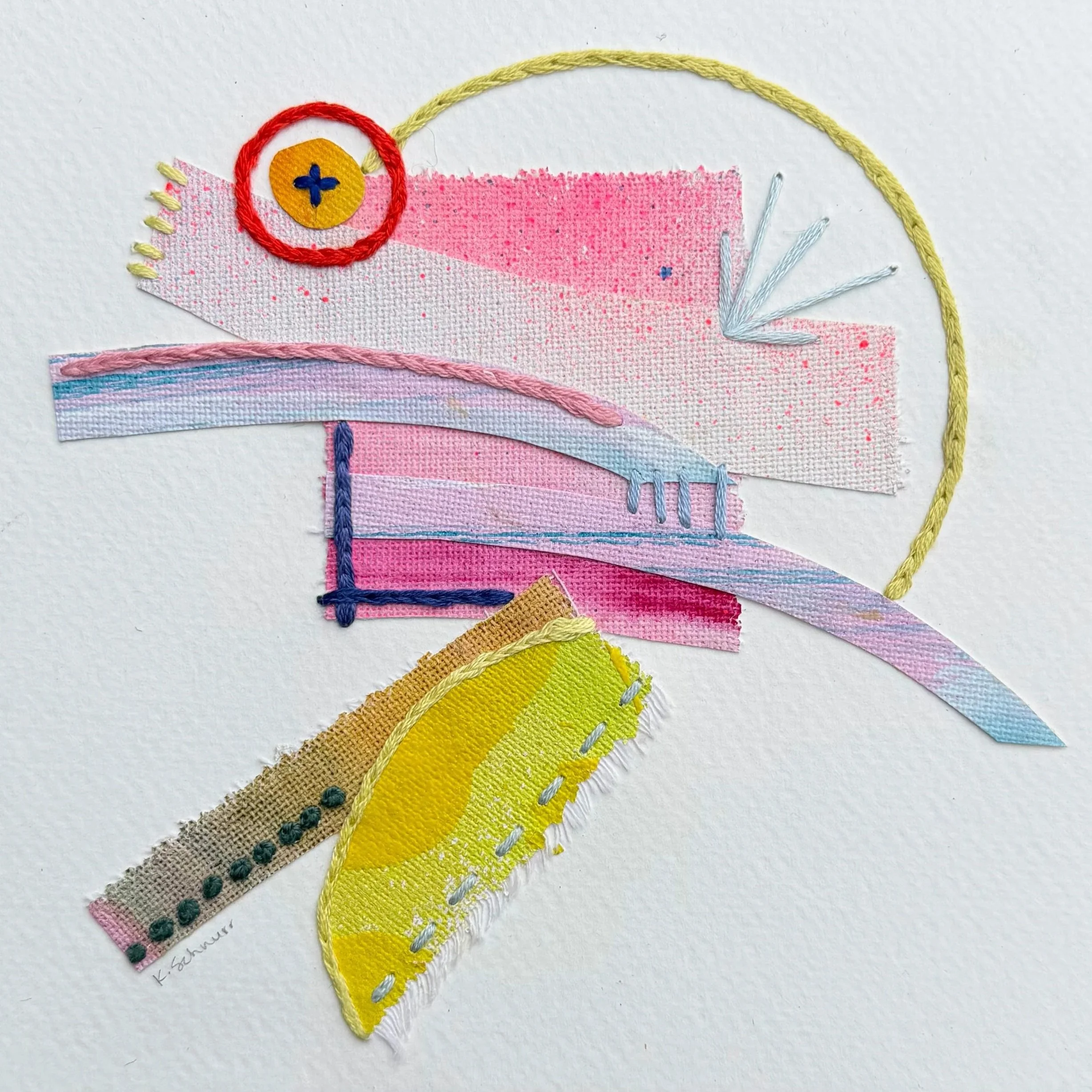 Chimerascape no. 33, 2025, mixed media collage and embroidery on paper mounted on wood panel, 6"x6"