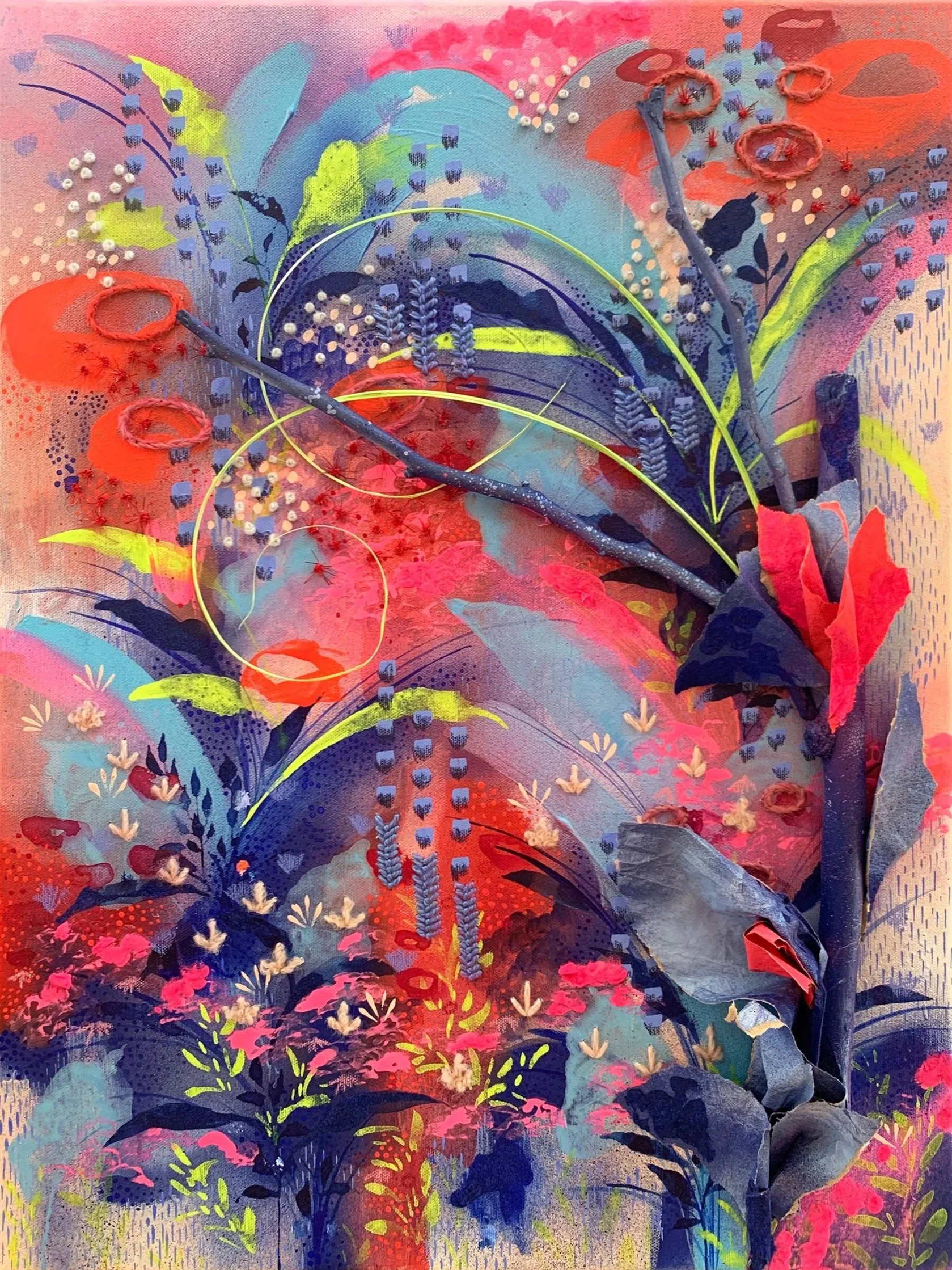 I Spy, 2021, spray paint, acrylic, torn papers, yarn, flocking powder, found stick on canvas, 24x18 in. 