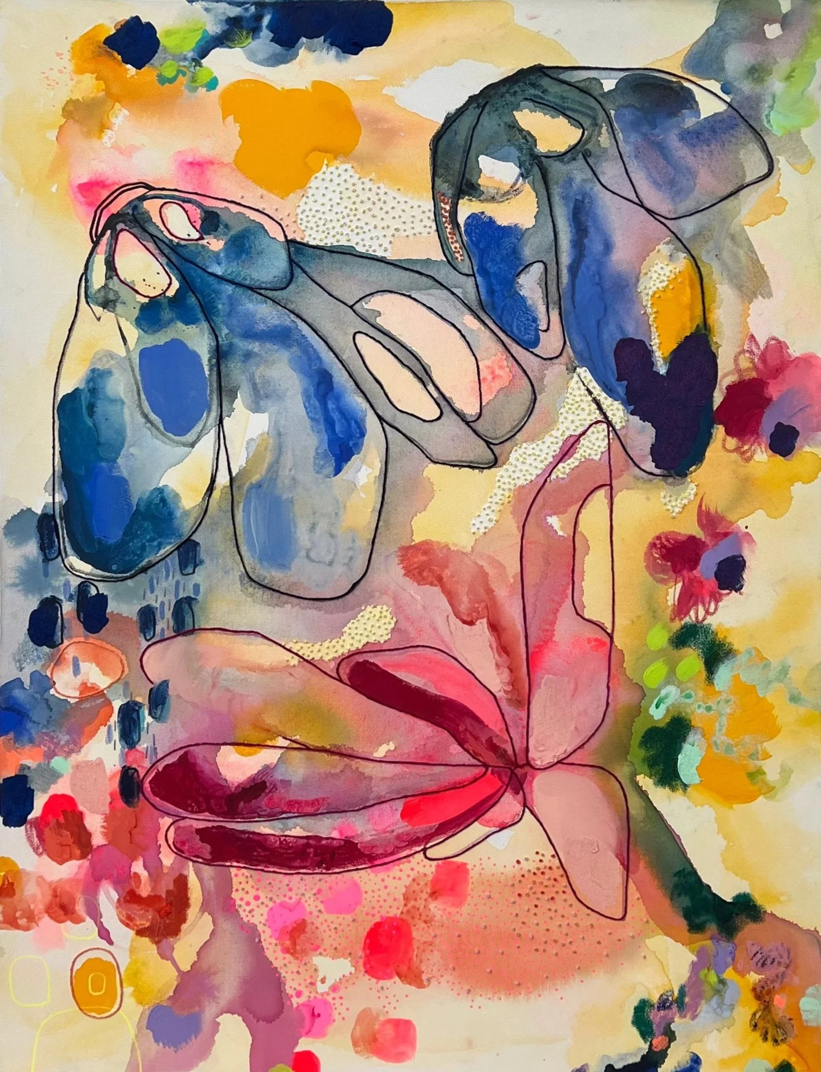 I'll Always Remember the Flowers, 2024, acrylic paint, pastel, flocking powder, embroidery on canvas, 40x30 in. 