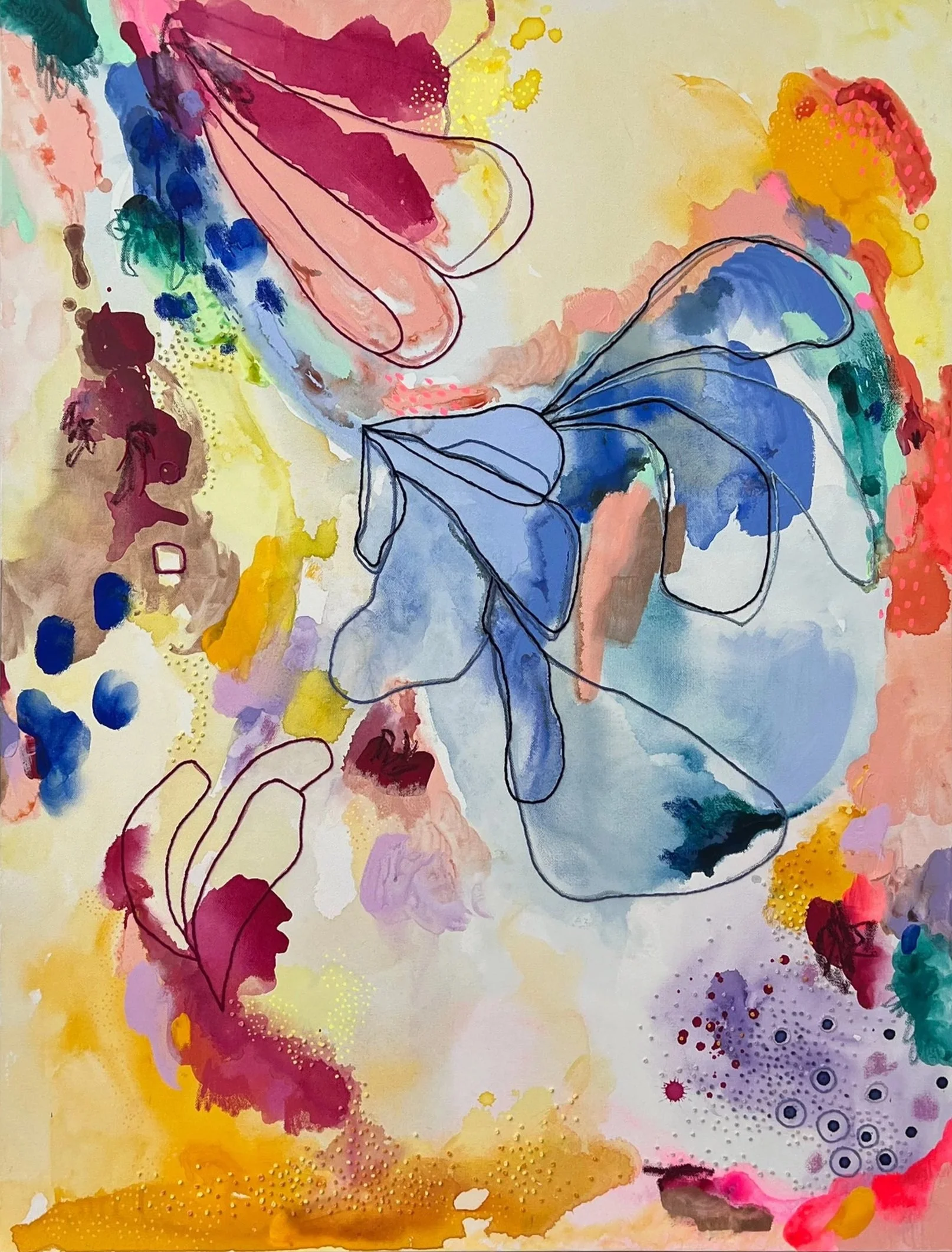 I Pluck the Petals While You Sort the Stones, 2024, acrylic paint, pastel, flocking powder, embroidery on canvas, 40x30 in. 