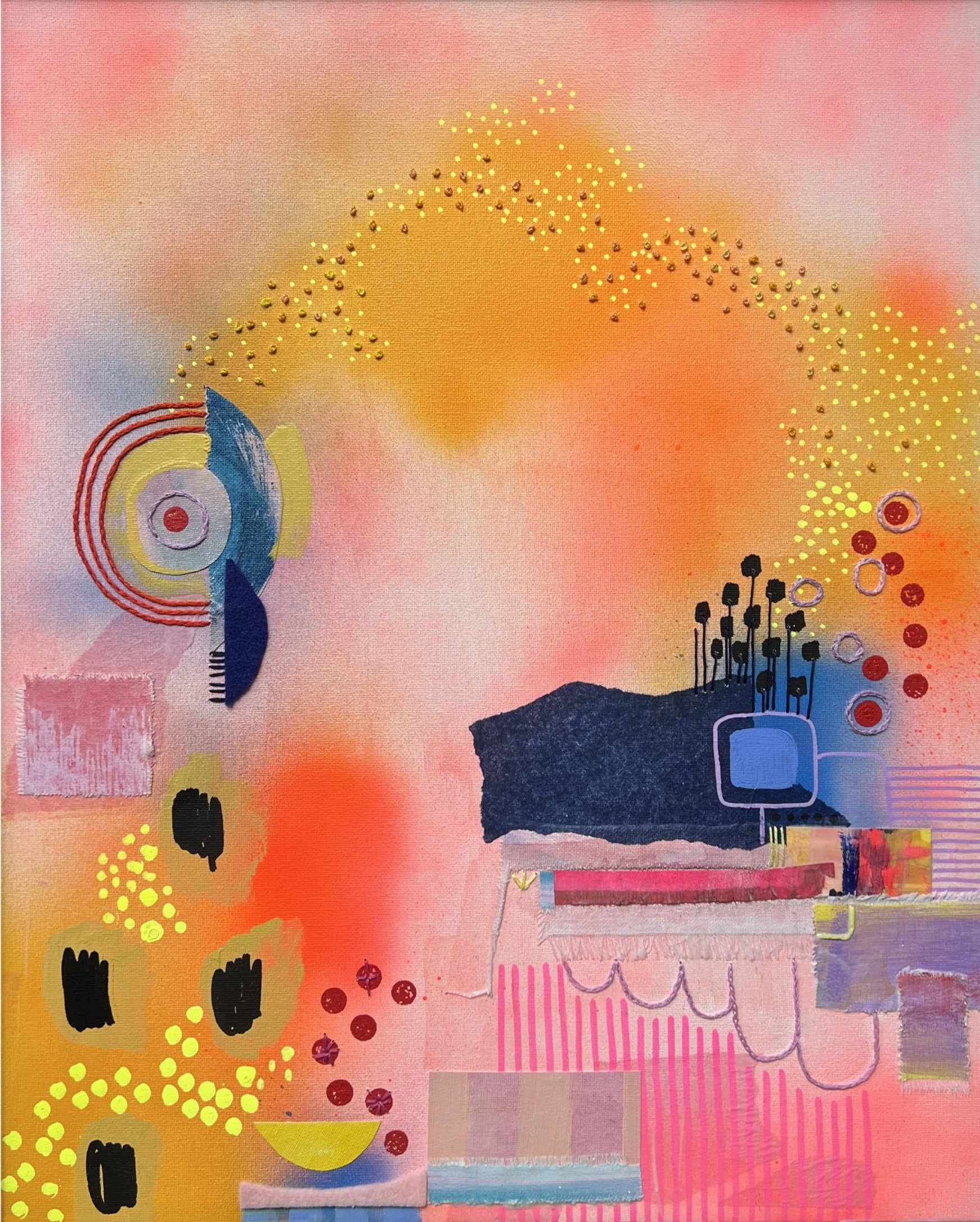 Distorted Perspective No. 2, 2024, mixed media and embroidery floss on canvas, 20x16 in. 