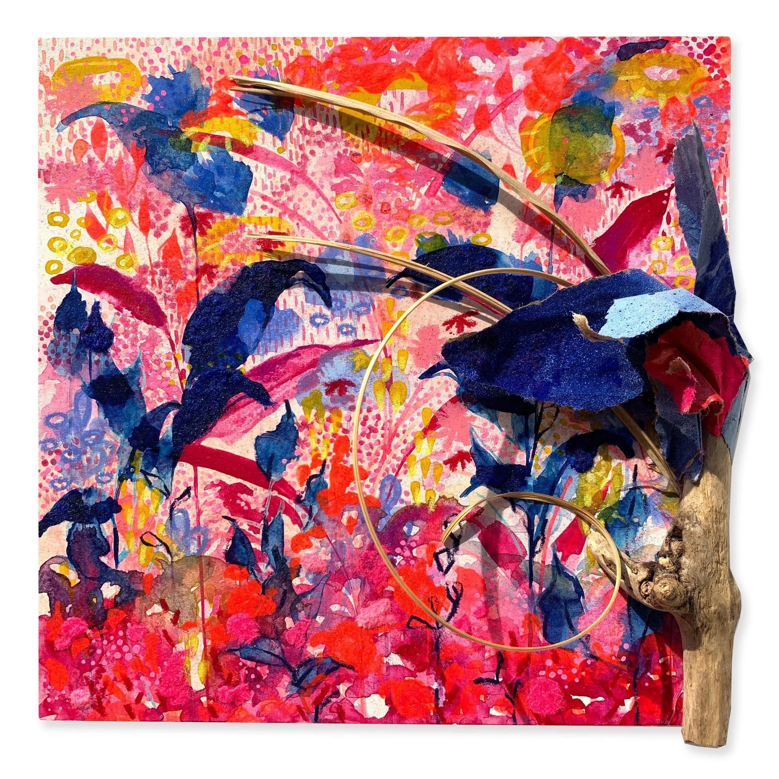 Escape With Me No. 2, 2021, spray paint, acrylic, flocking powder, torn paper, found sticks on cradled wood panel, 8x8 in. 