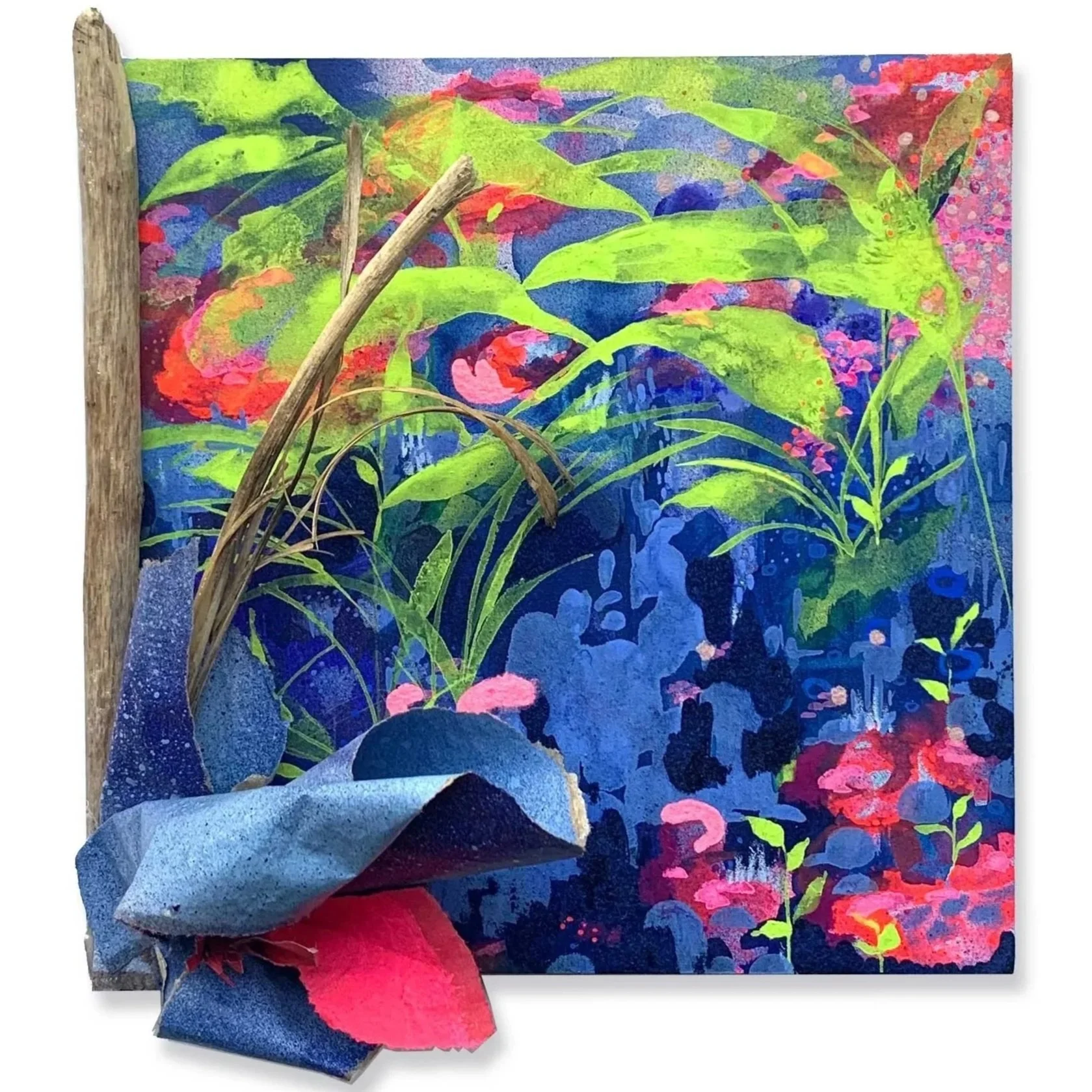 Escape With Me, 2021, spray paint, acrylic, flocking powder, torn paper, found sticks on cradled wood panel, 8x8 in. 