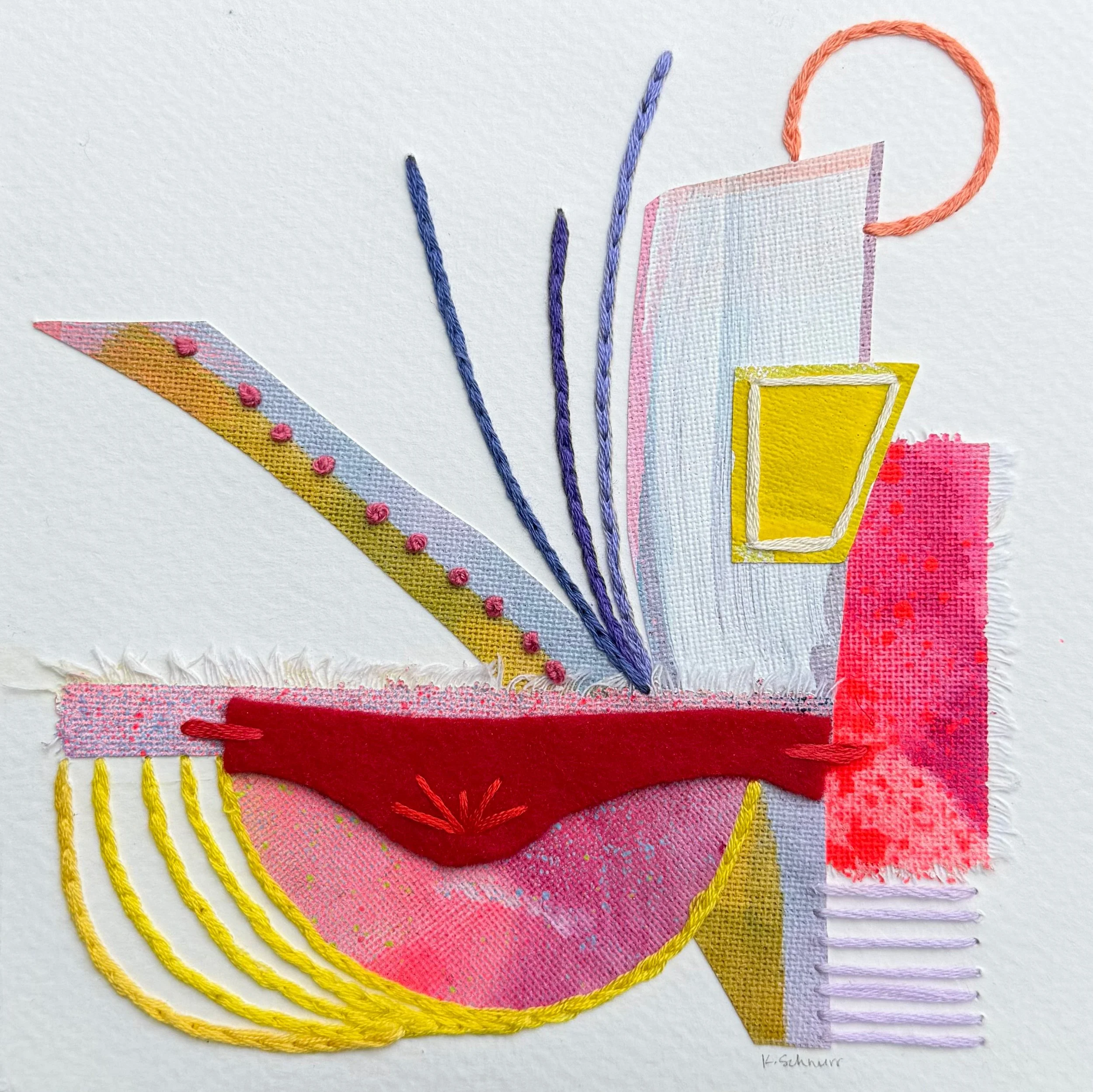 Chimerascape no. 32, 2025, mixed media collage and embroidery on paper mounted on wood panel, 6"x6"