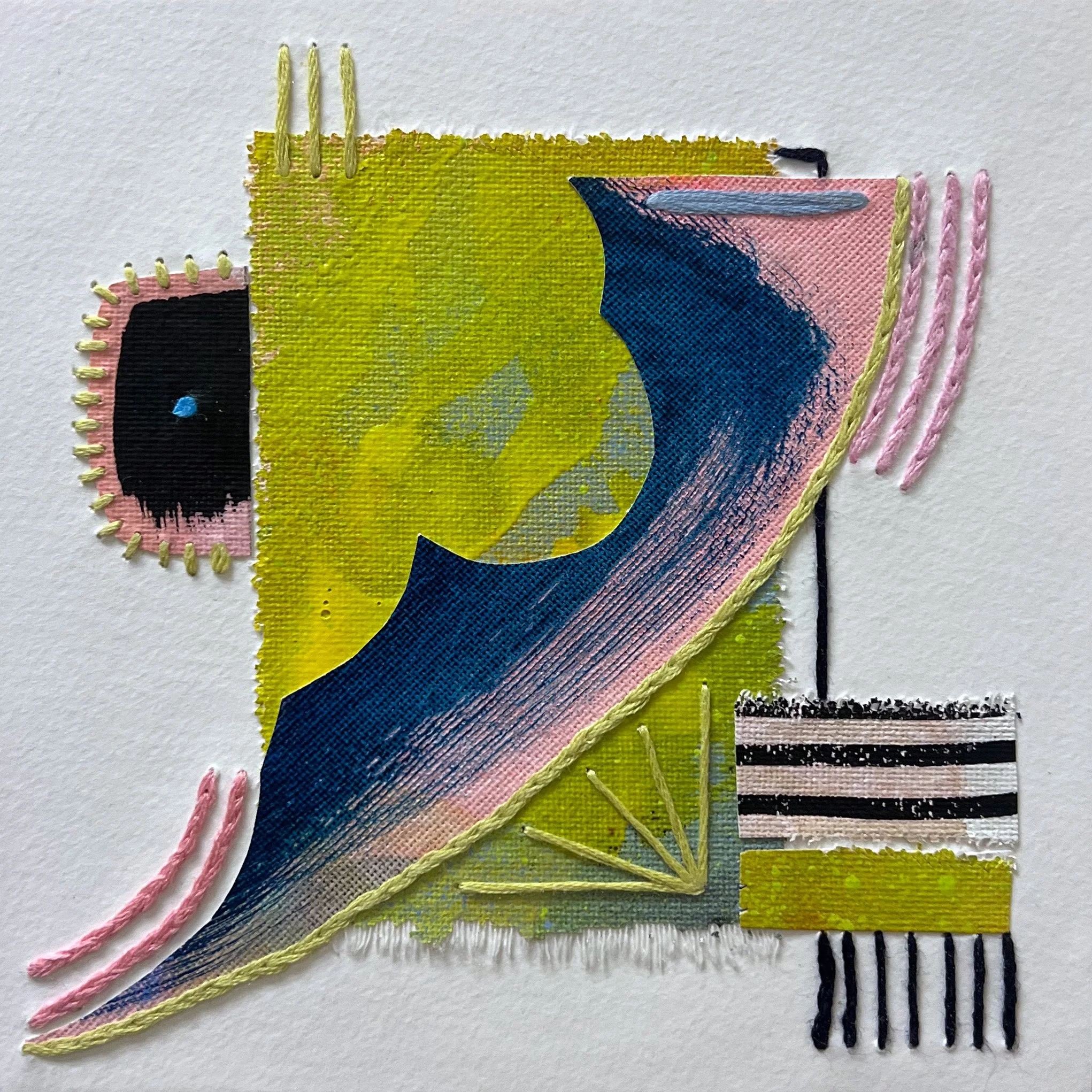 Chimerascape no. 20, 2025, mixed media collage and embroidery on paper mounted on wood panel, 6"x6"