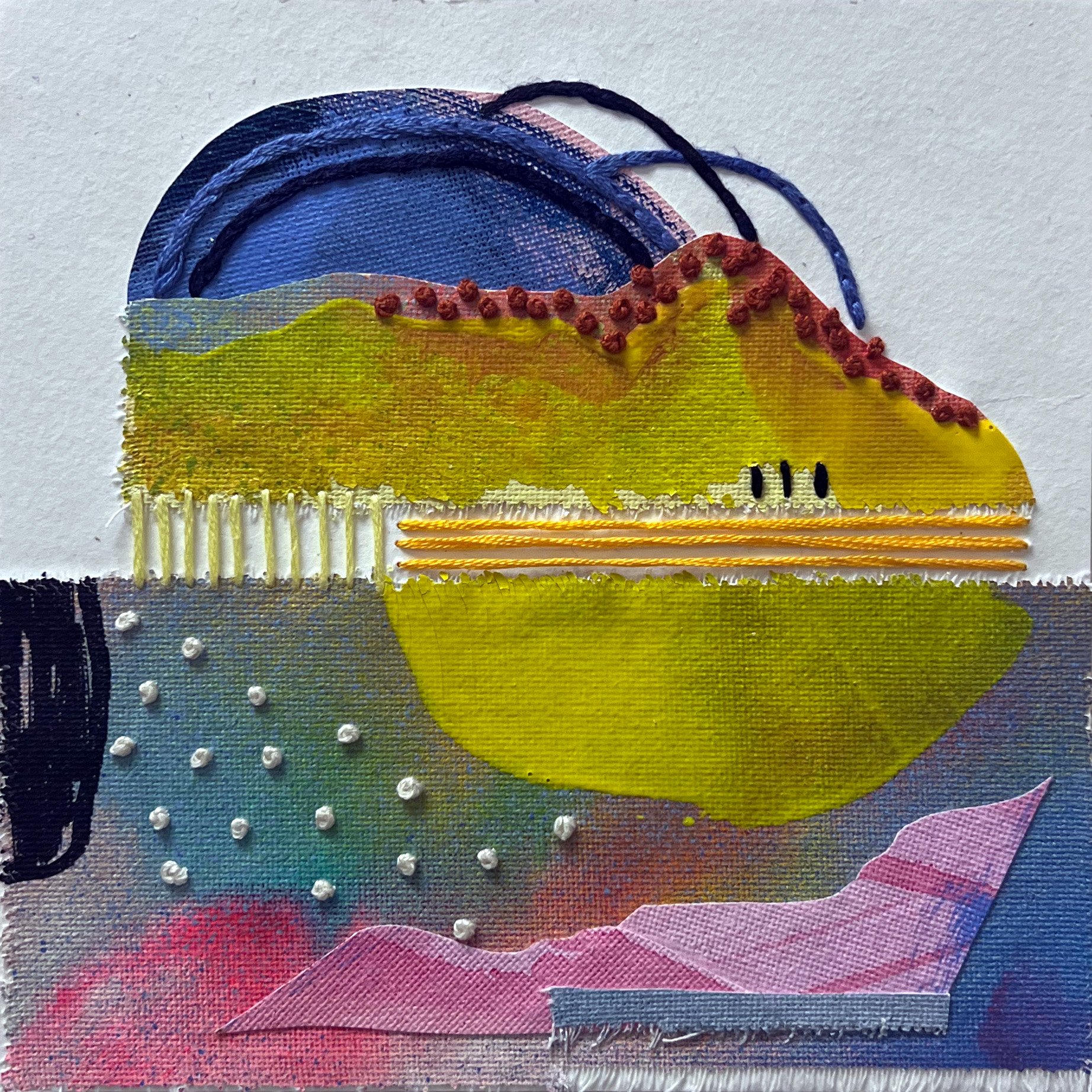 Chimerascape no. 2, 2025, mixed media collage and embroidery on paper mounted on wood panel, 6"x6"