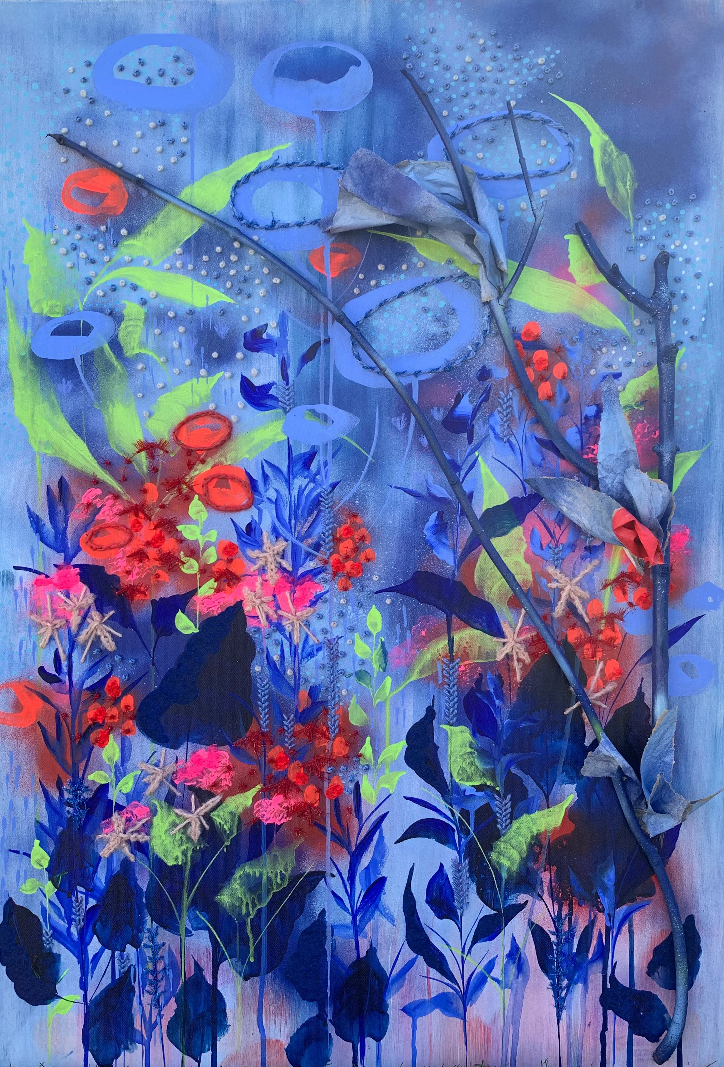 I Spy More, 2021, spray paint, acrylic, torn papers, yarn, flocking powder, found stick on canvas, 36x24 in. 