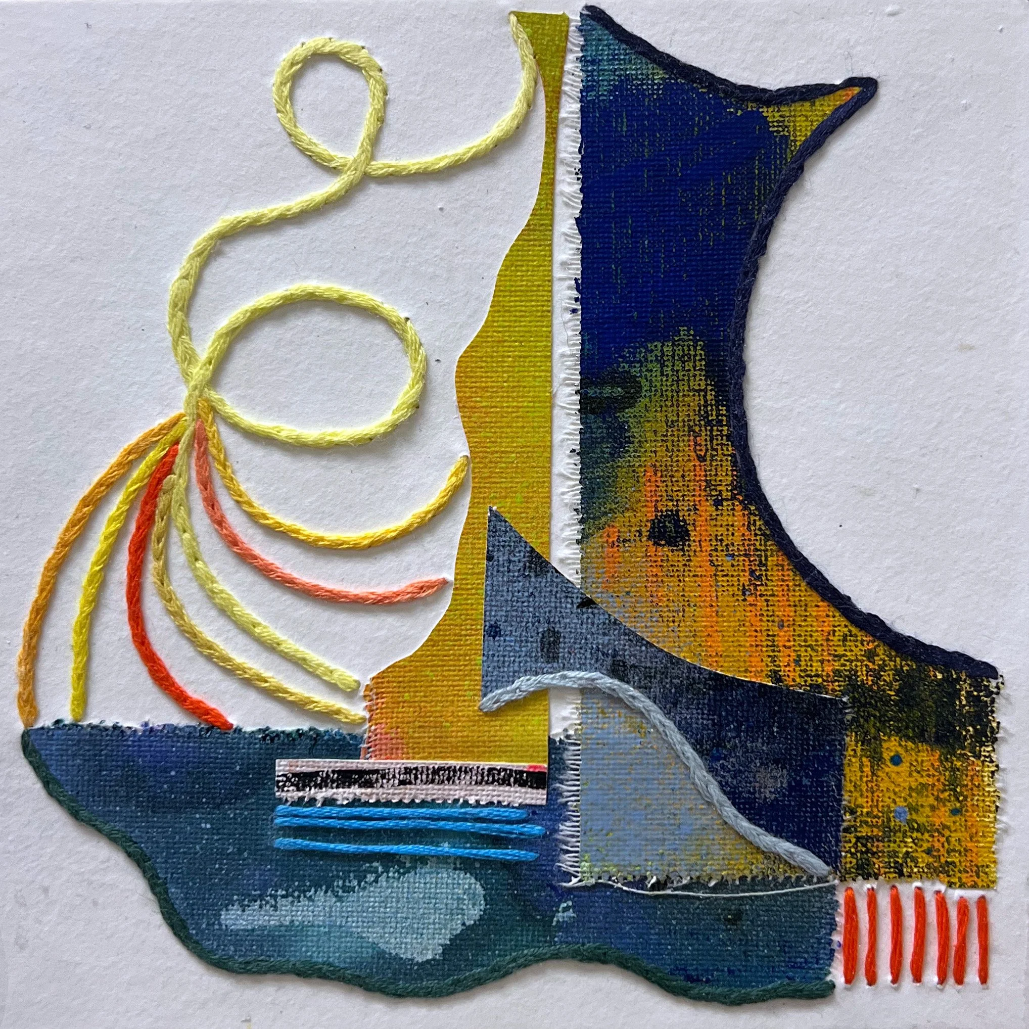 Chimerascape no. 16, 2025, mixed media collage and embroidery on paper mounted on wood panel, 6"x6"