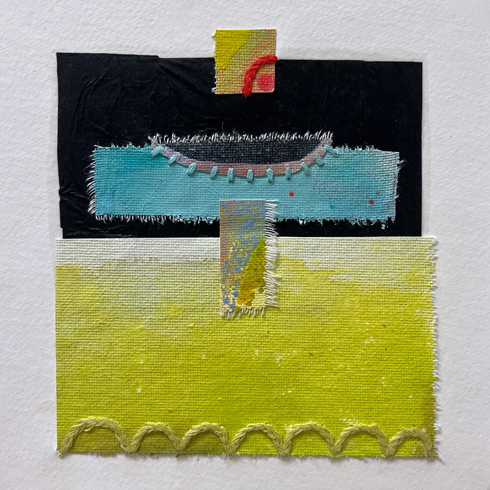 Chimerascape no. 23, 2025, mixed media collage and embroidery on paper mounted on wood panel, 6"x6"