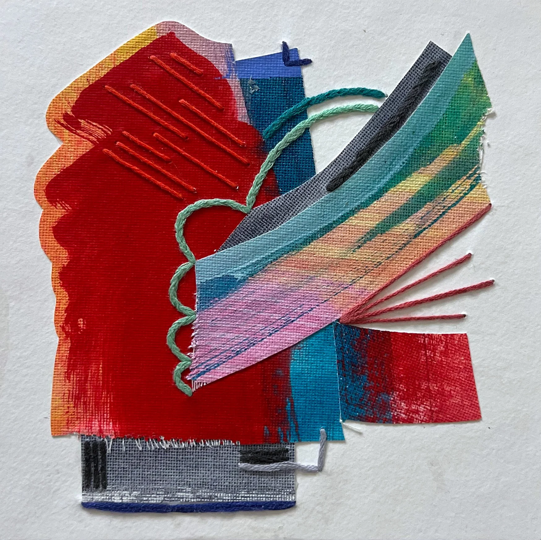 Chimerascape no. 10, 2025, mixed media collage and embroidery on paper mounted on wood panel, 6"x6"