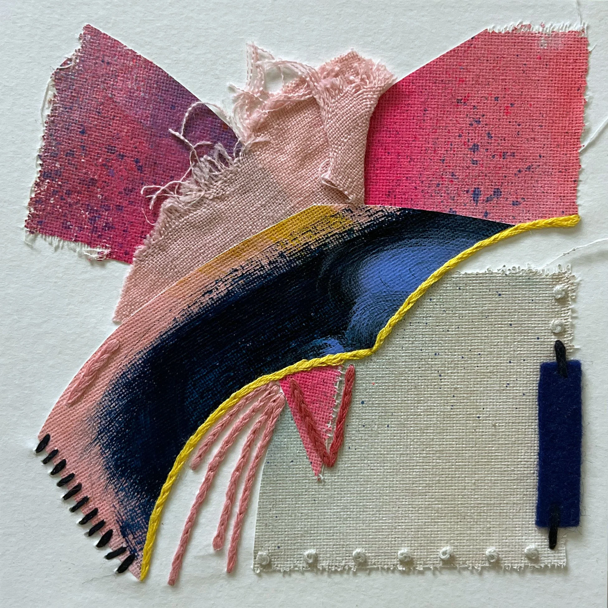 Chimerascape no. 17, 2025, mixed media collage and embroidery on paper mounted on wood panel, 6"x6"