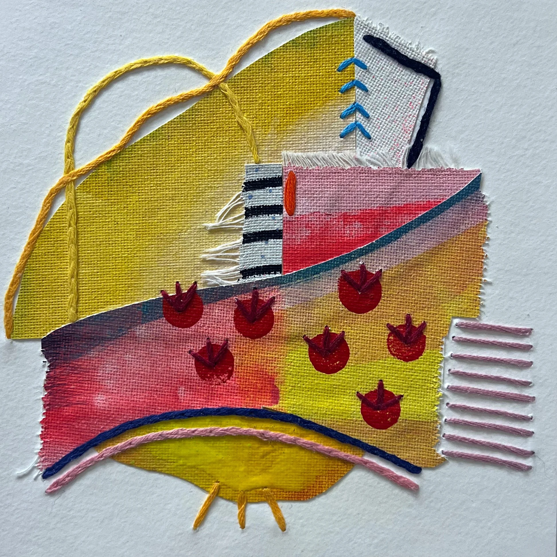 Chimerascape no. 26, 2025, mixed media collage and embroidery on paper mounted on wood panel, 6"x6"